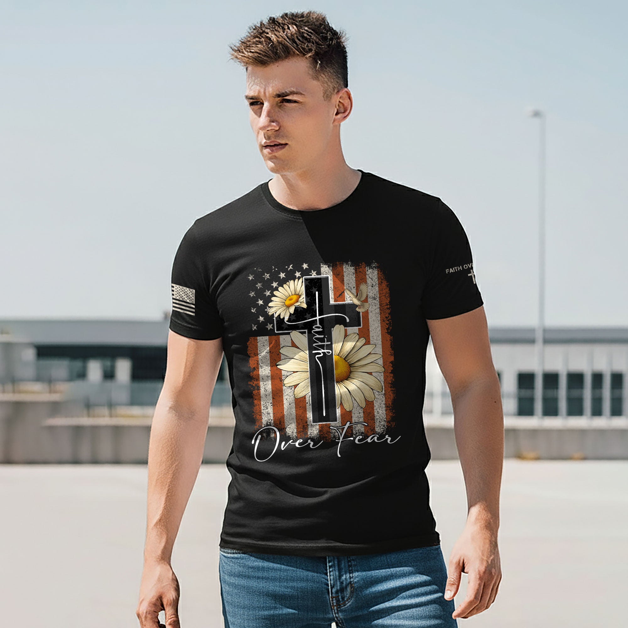 Faith Over Fear Shirt – Daisy Cross USA Flag Christian Tee
