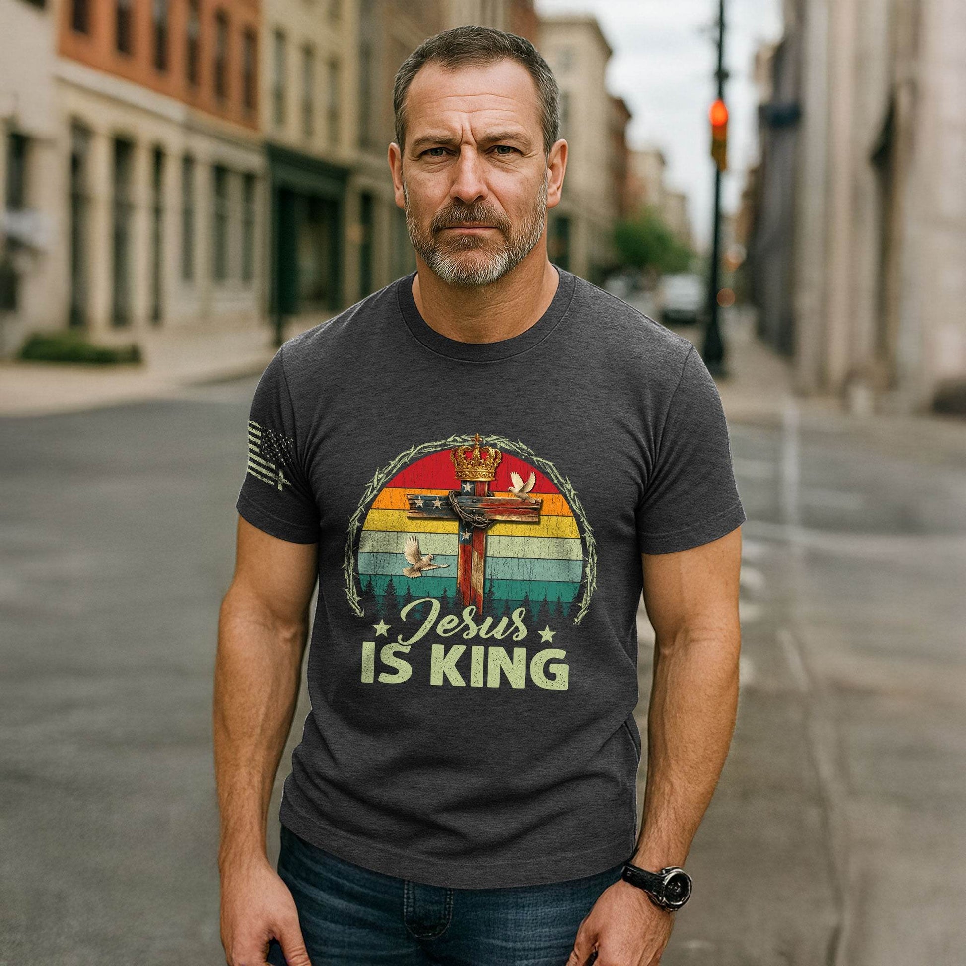 Jesus Is King Crown Cross Christian T-Shirt - Rust Field Wear