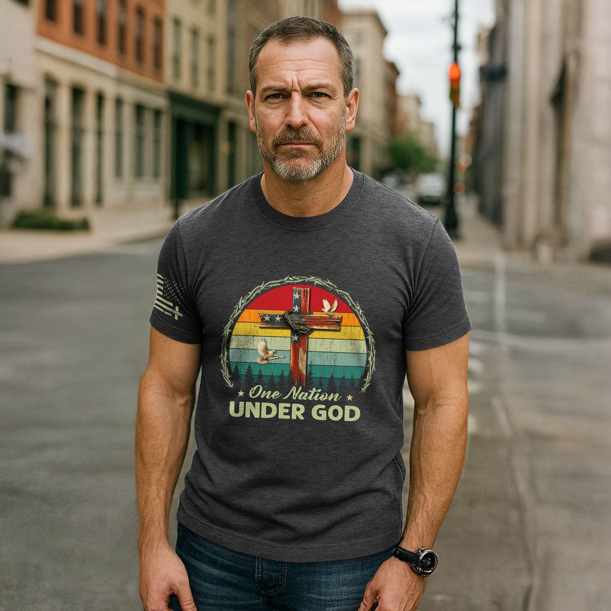 One Nation Under God Retro Sunset Cross T-Shirt - Rust Field Wear