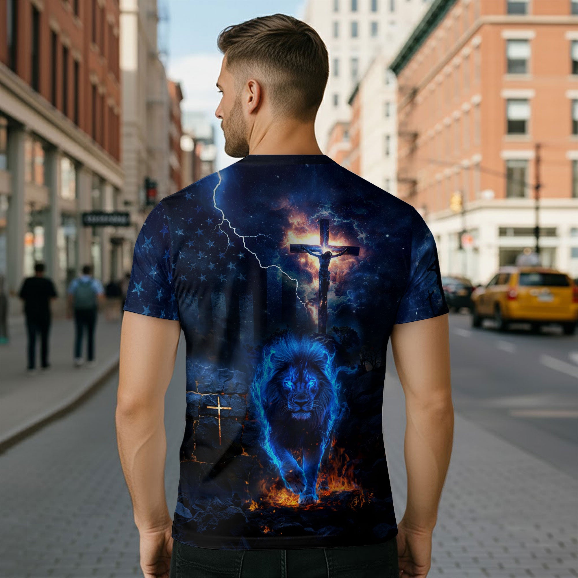 Faith Over Fear Blue Fire Lion And Crucifixion T-Shirt