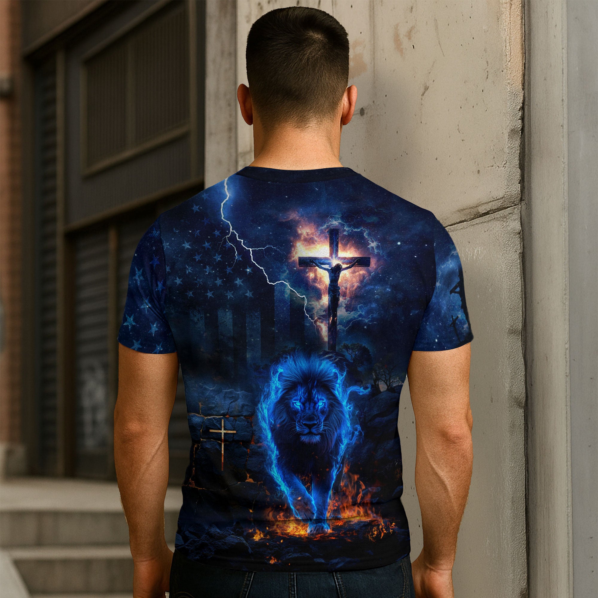 Faith Over Fear Blue Fire Lion And Crucifixion T-Shirt