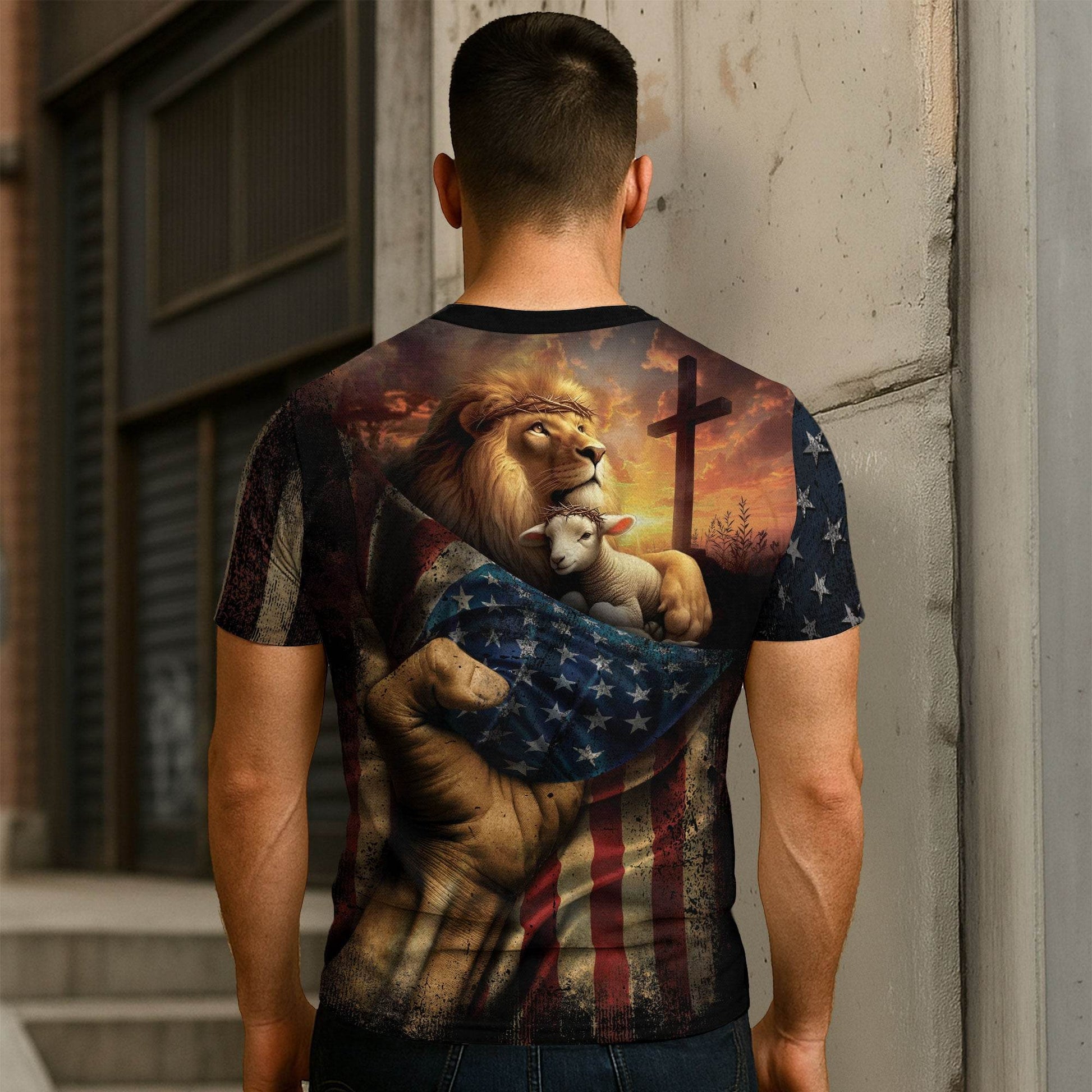 Faith Over Fear Lion & Lamb Christian Cross T-Shirt - Rust Field Wear