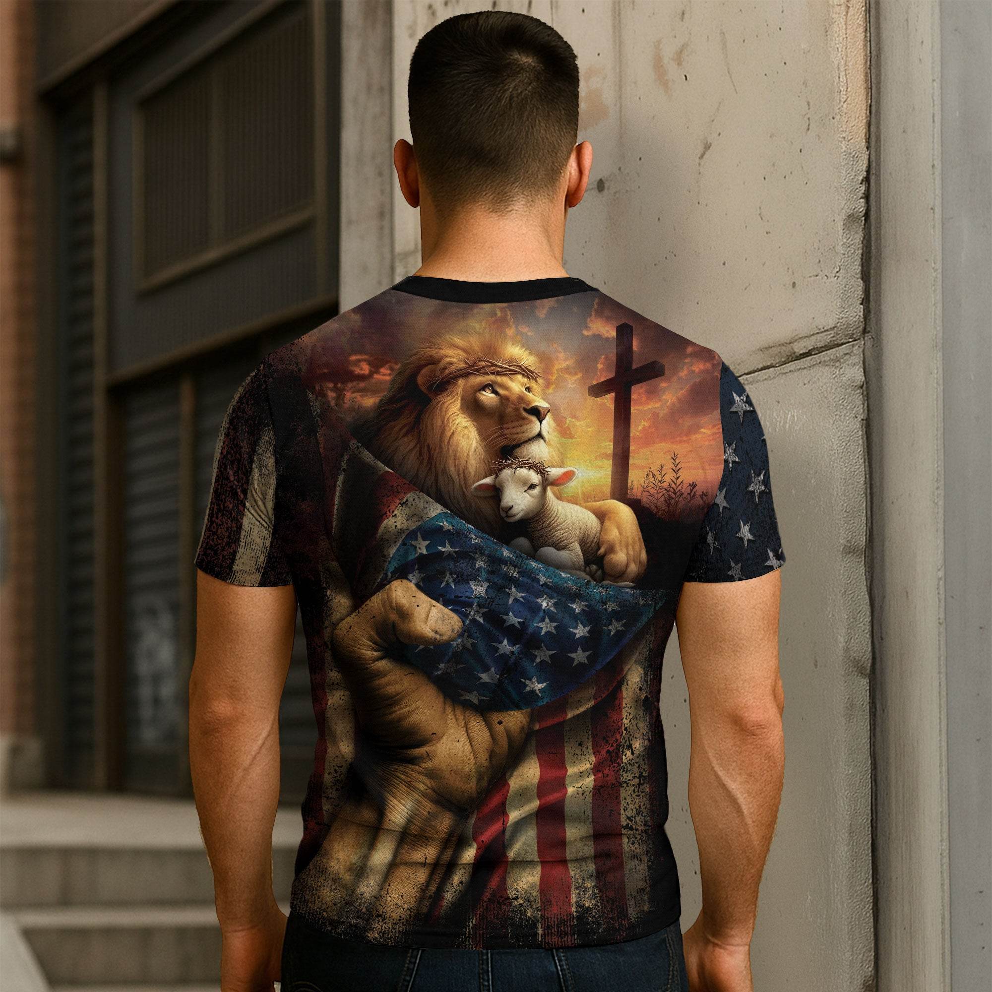 Faith Over Fear Lion & Lamb Christian Cross T-Shirt - Rust Field Wear