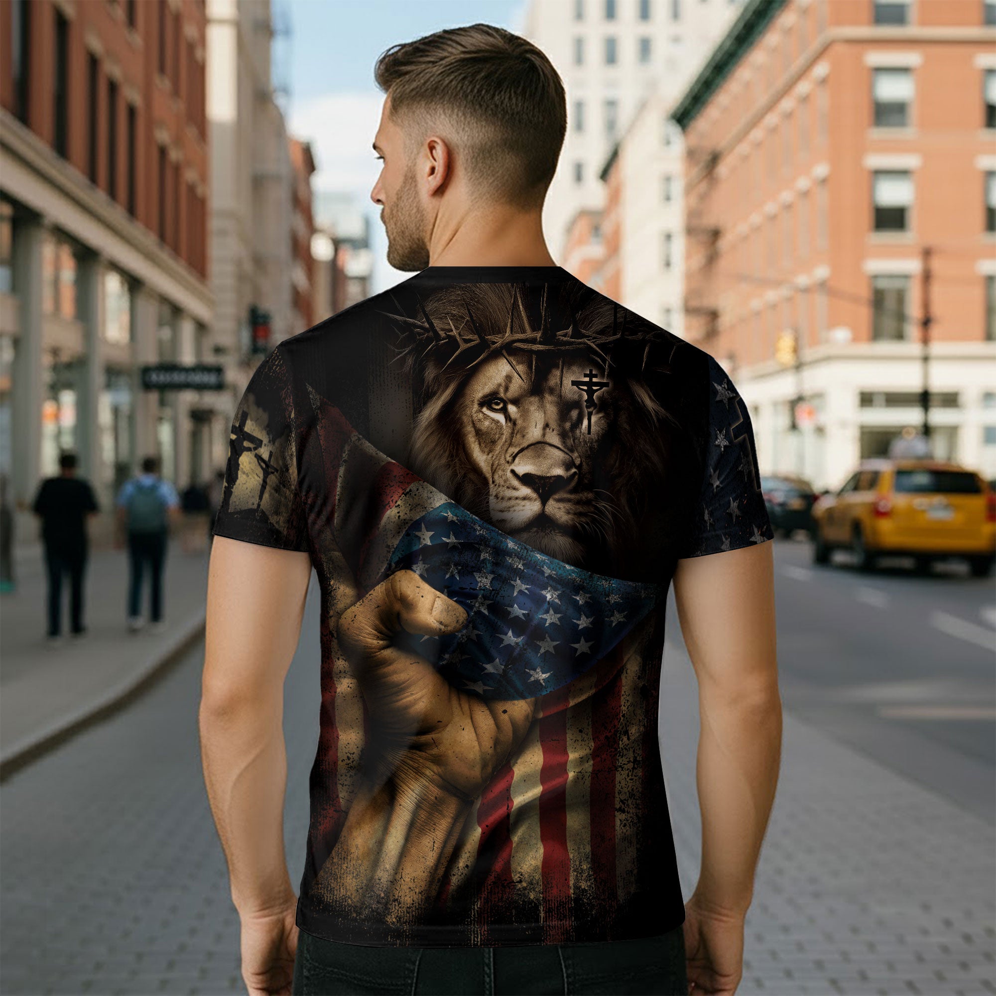 Faith Over Fear | Rugged Cross & Warrior Lion Patriotic Tee