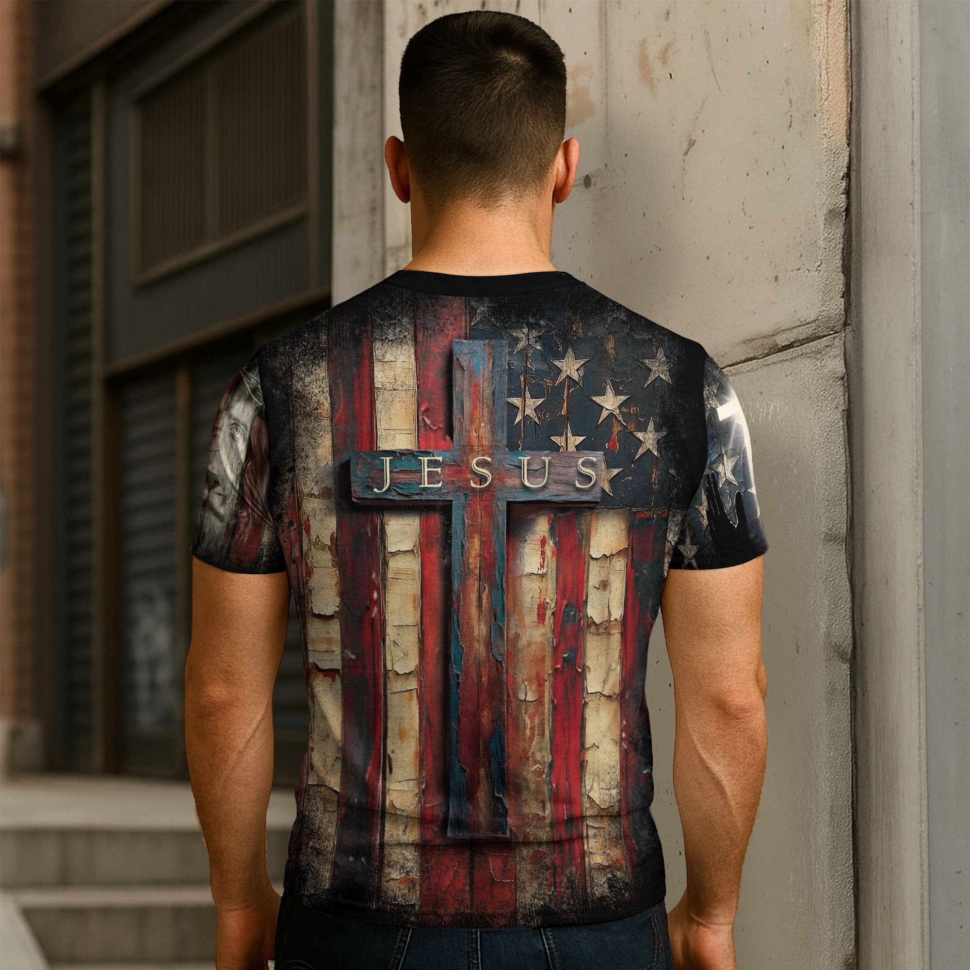 Faith Over Fear Cross Shirt – Rustic American Flag Christian Tee