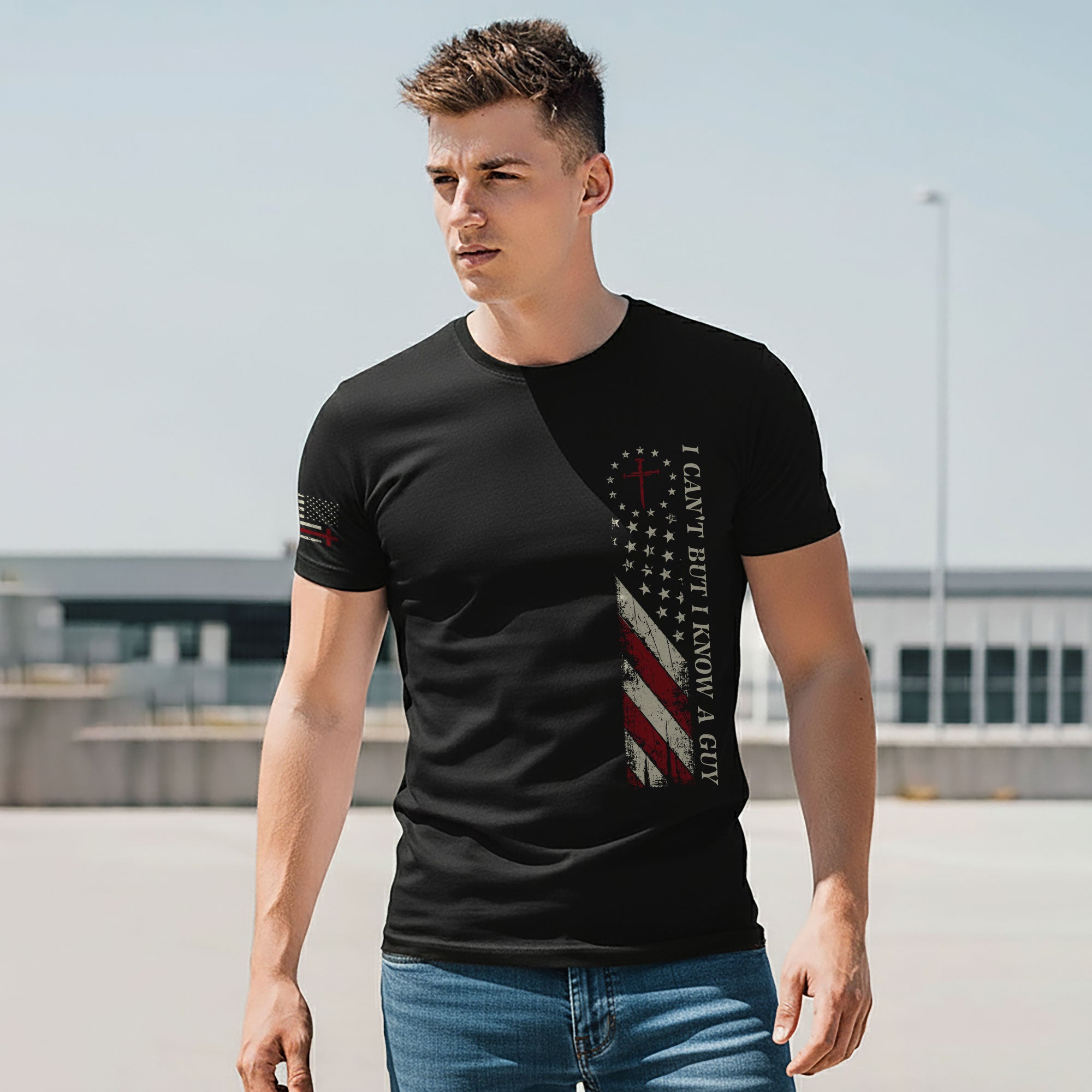I Can’t But I Know a Guy | Christian Cross & American Flag Tee