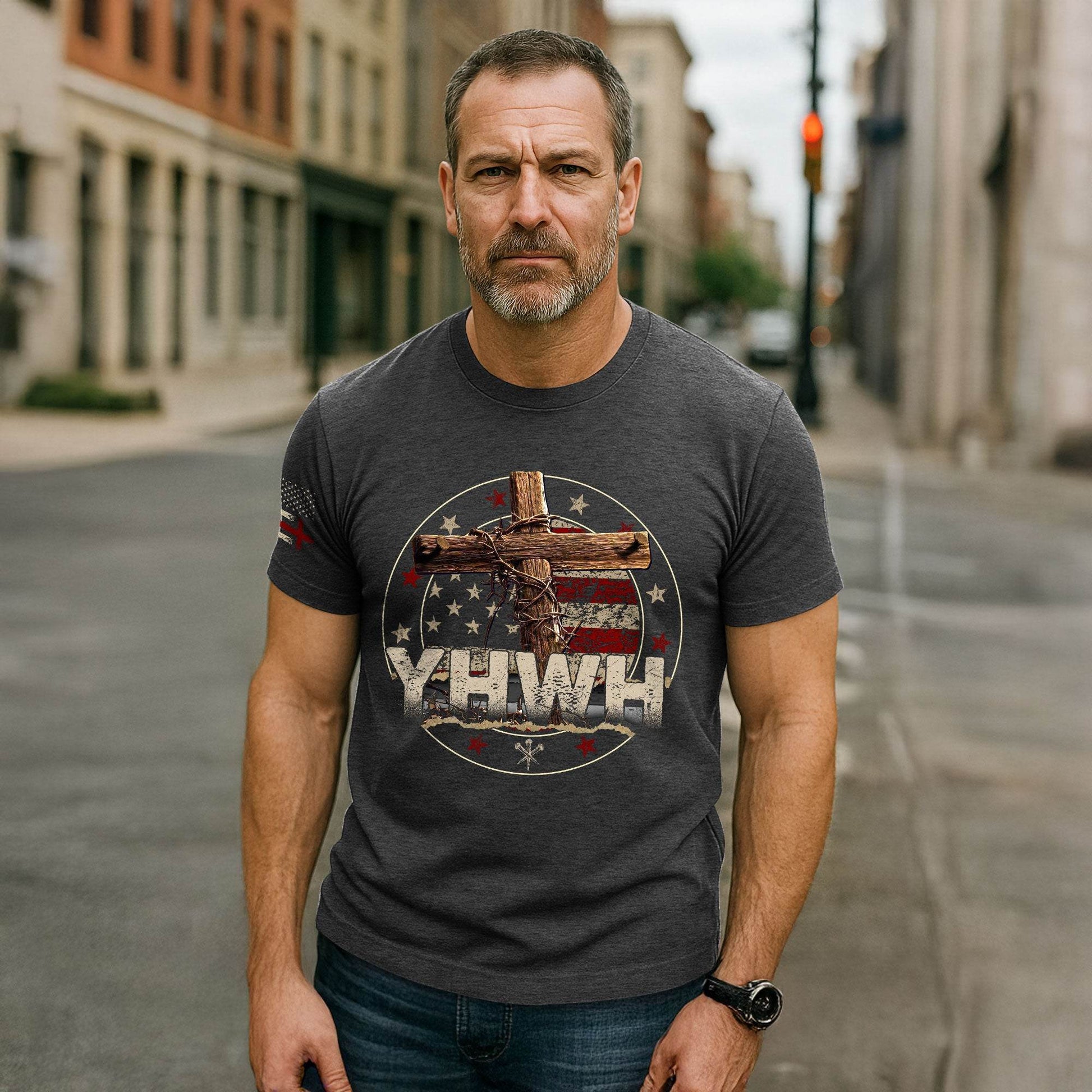 YHWH American Flag Cross T-Shirt – Christian Faith Apparel - Rust Field Wear