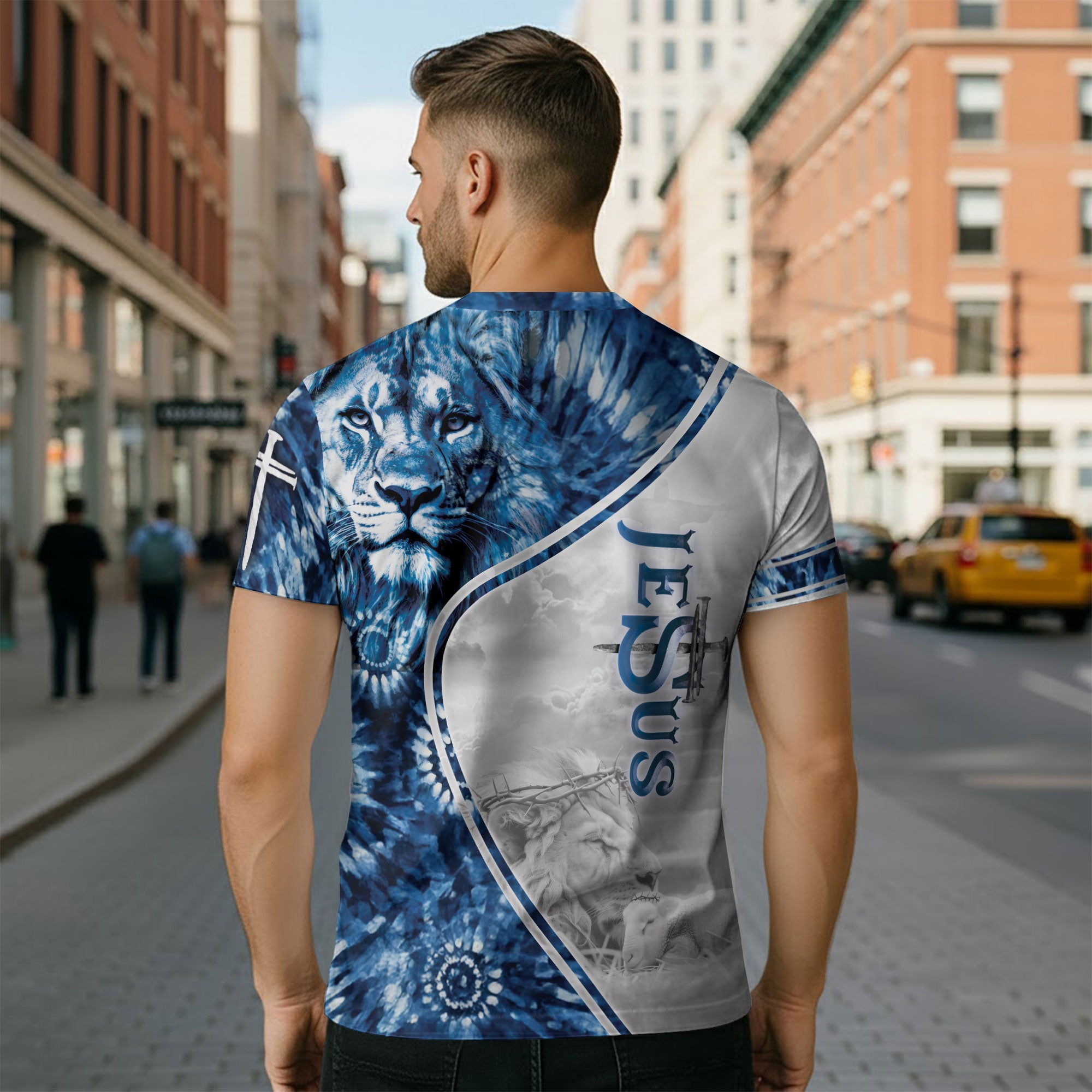 Faith Over Fear & Jesus Lion Cross T-Shirt – Christian Courage in Blue