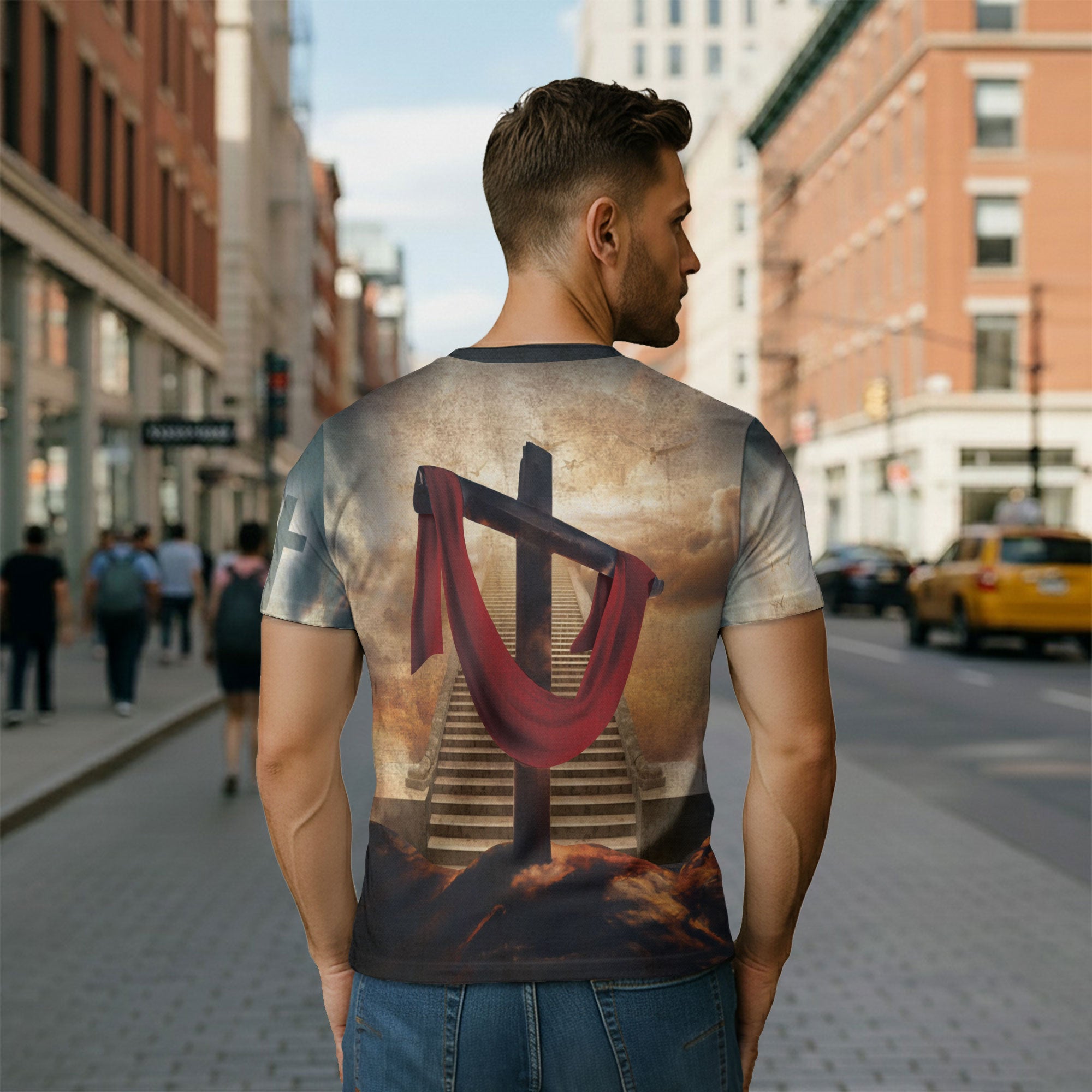 Faith Over Fear with Cross and Lion Draped in Red Robe – Christian T-Shirt