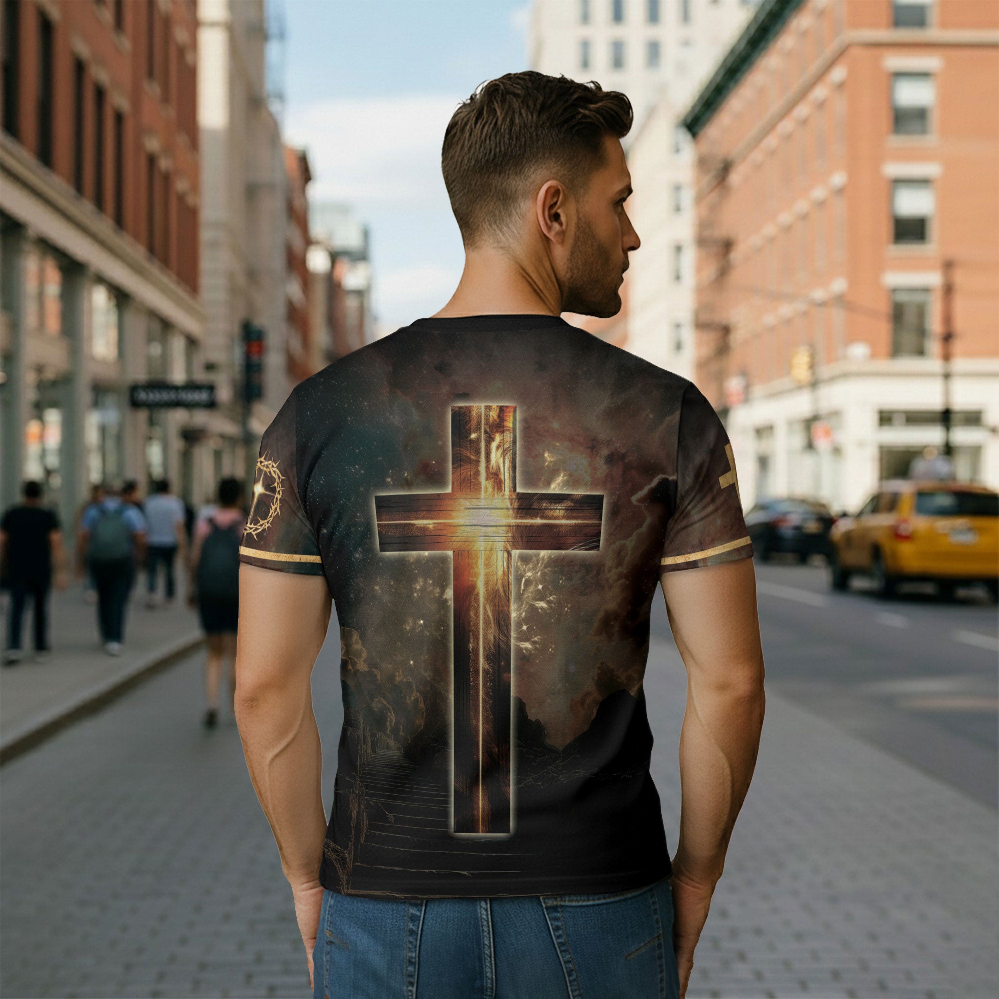 Faith Over Fear with Fiery Lion & Glowing Cross – Christian T-Shirt
