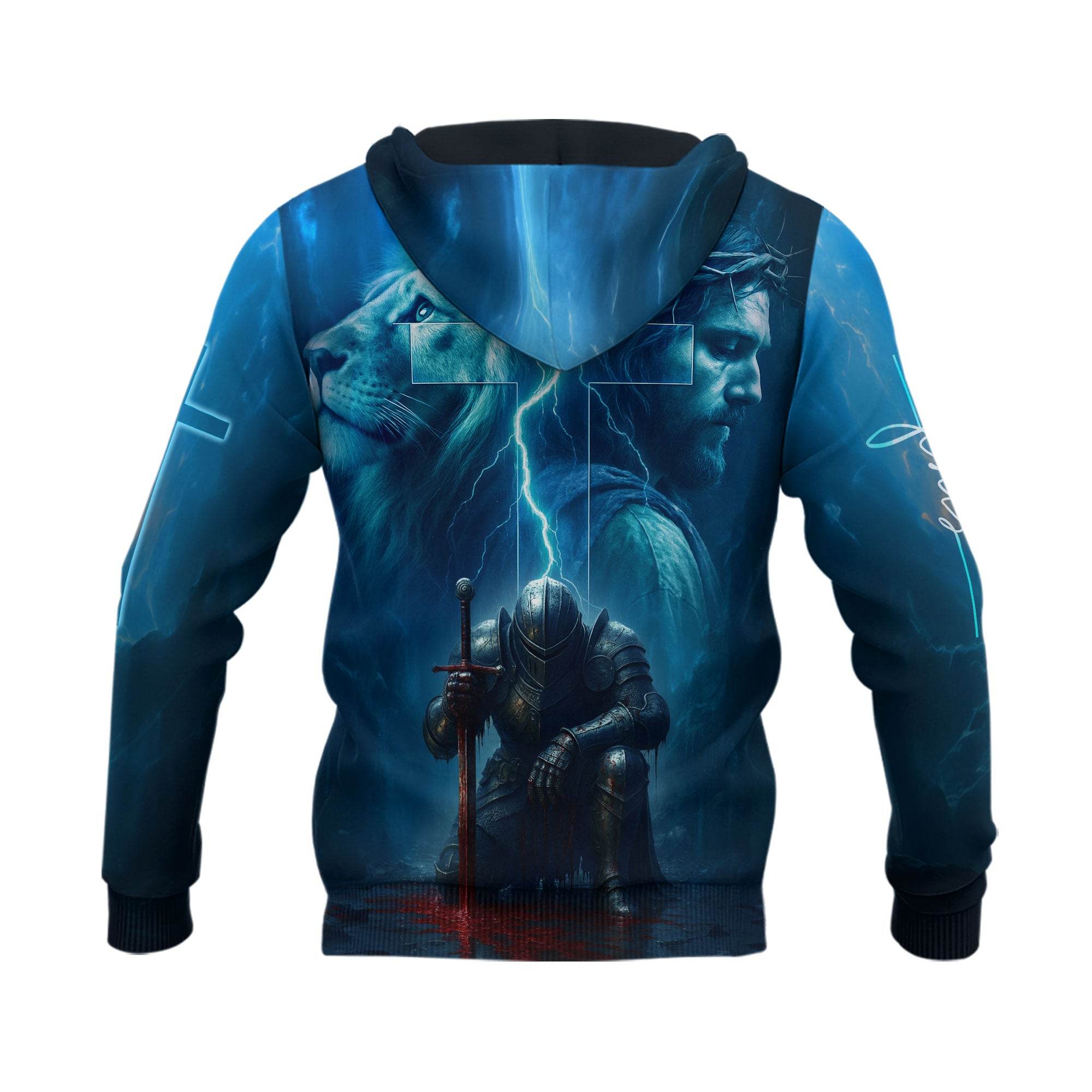 Faith Over Fear Lion & Cross Lightning Blue Hoodie - Rust Field Wear