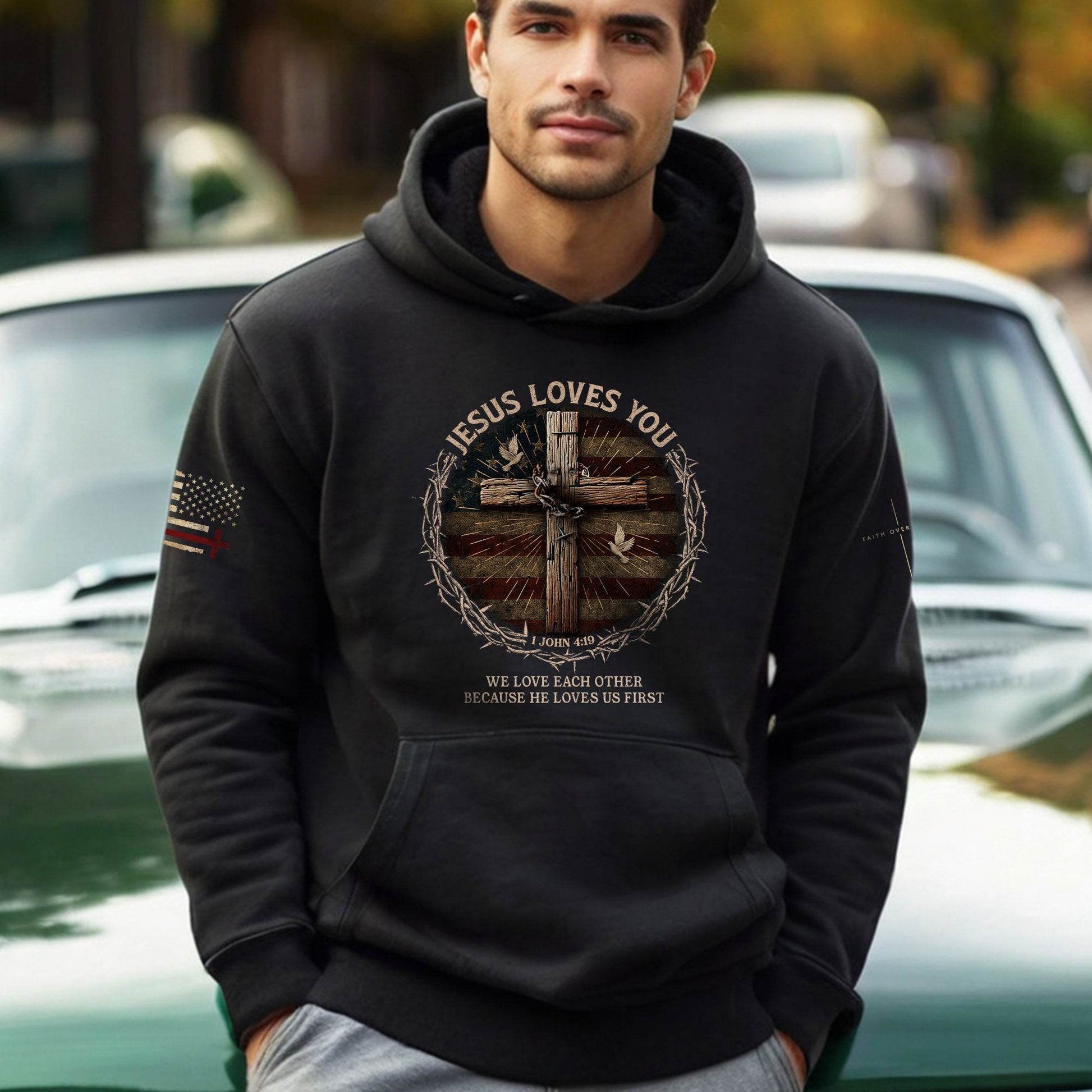 Jesus Loves You 1 John 4:19 Christian Patriotic Hoodie - Rust Field Wear