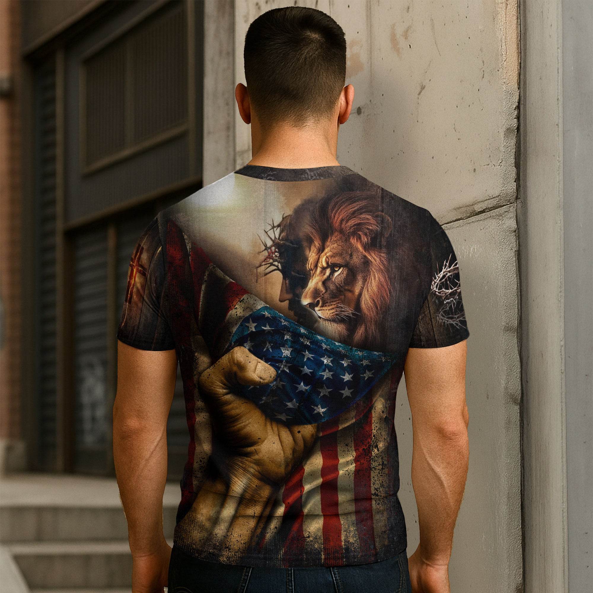 Faith Over Fear Lion & Cross Patriotic T-Shirt - Rust Field Wear