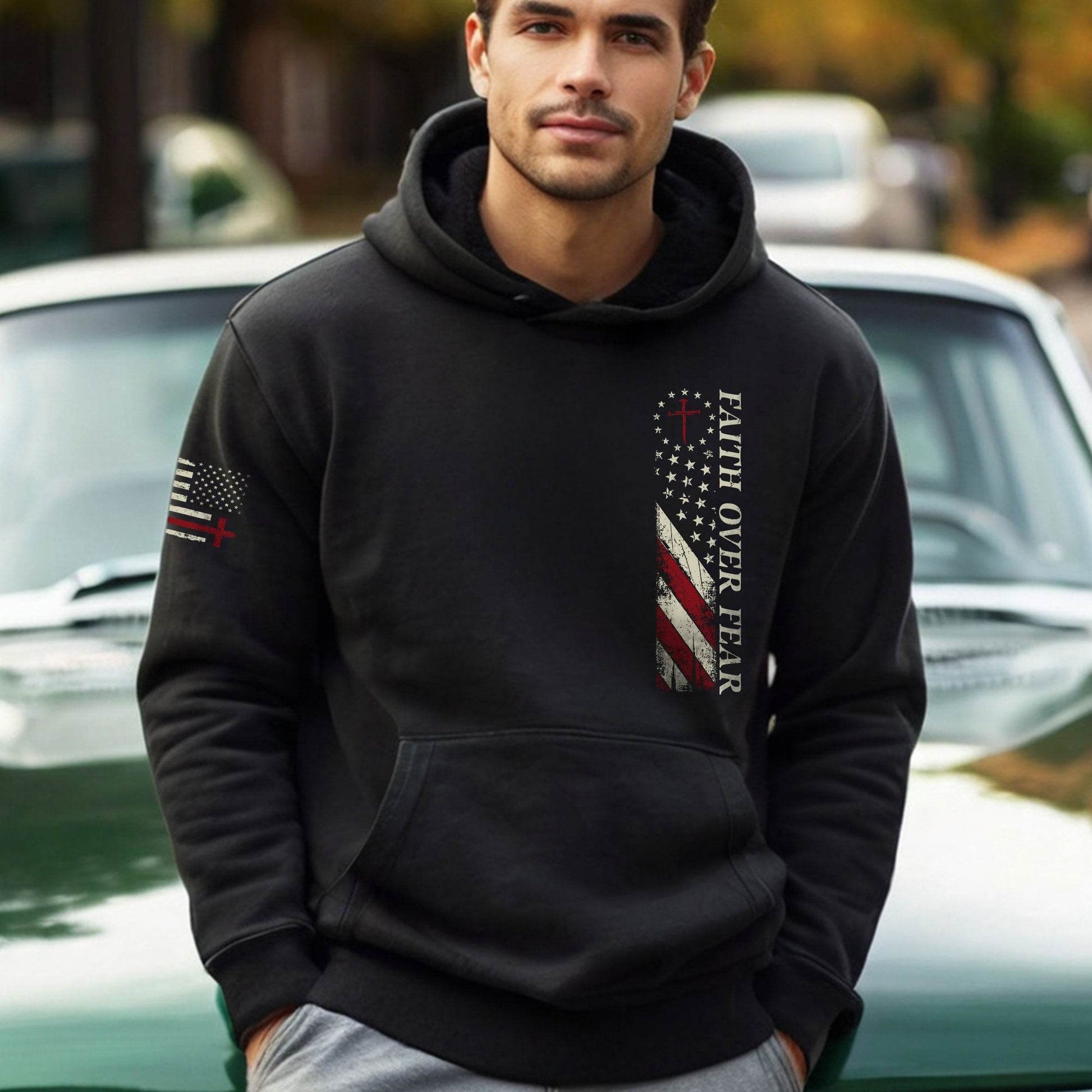 Faith Over Fear Hoodie – Cross & American Flag Front Back Print - Rust Field Wear