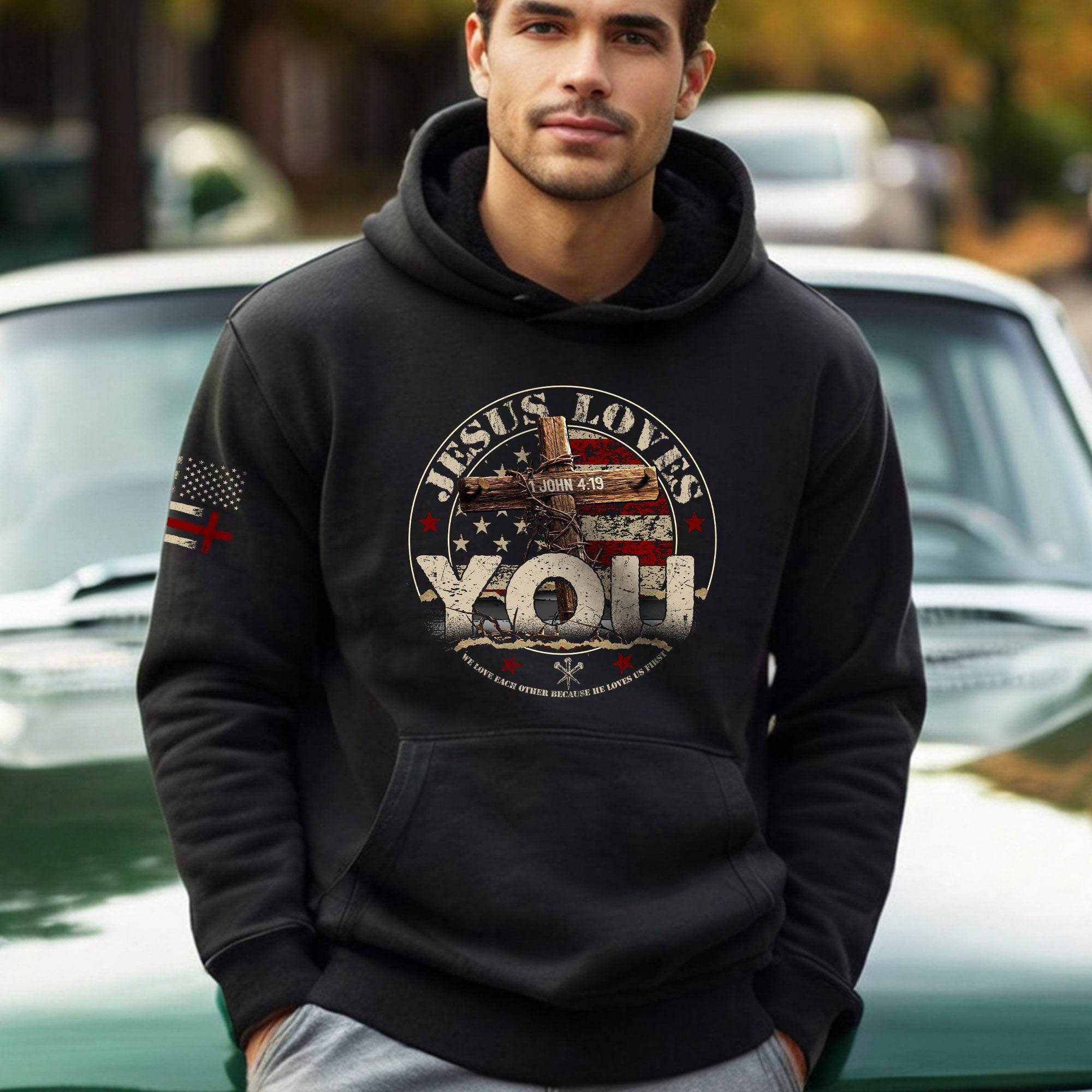 Jesus Loves You Hoodie – 1 John 4:19 Cross & American Flag - Rust Field Wear