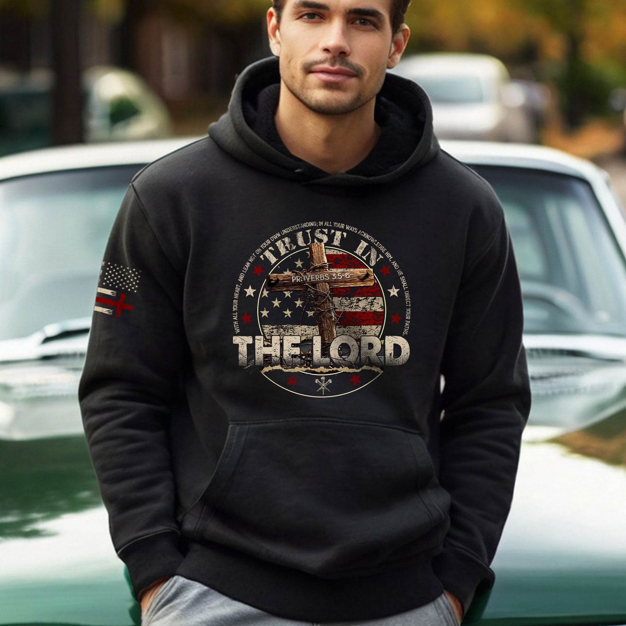 Trust in the Lord Hoodie – Proverbs 3:5-6 Cross & American Flag - Rust Field Wear