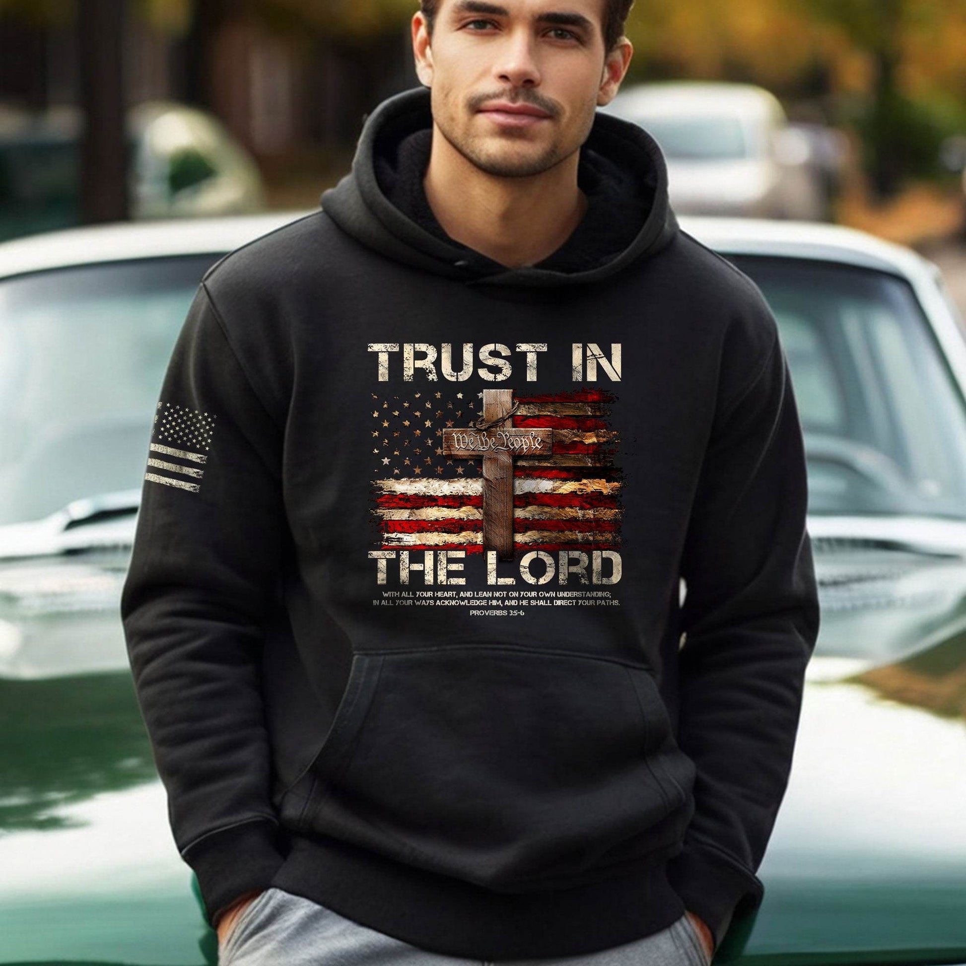 Trust in the Lord Hoodie – Proverbs 3:5-6 Cross & We The People Flag - Rust Field Wear