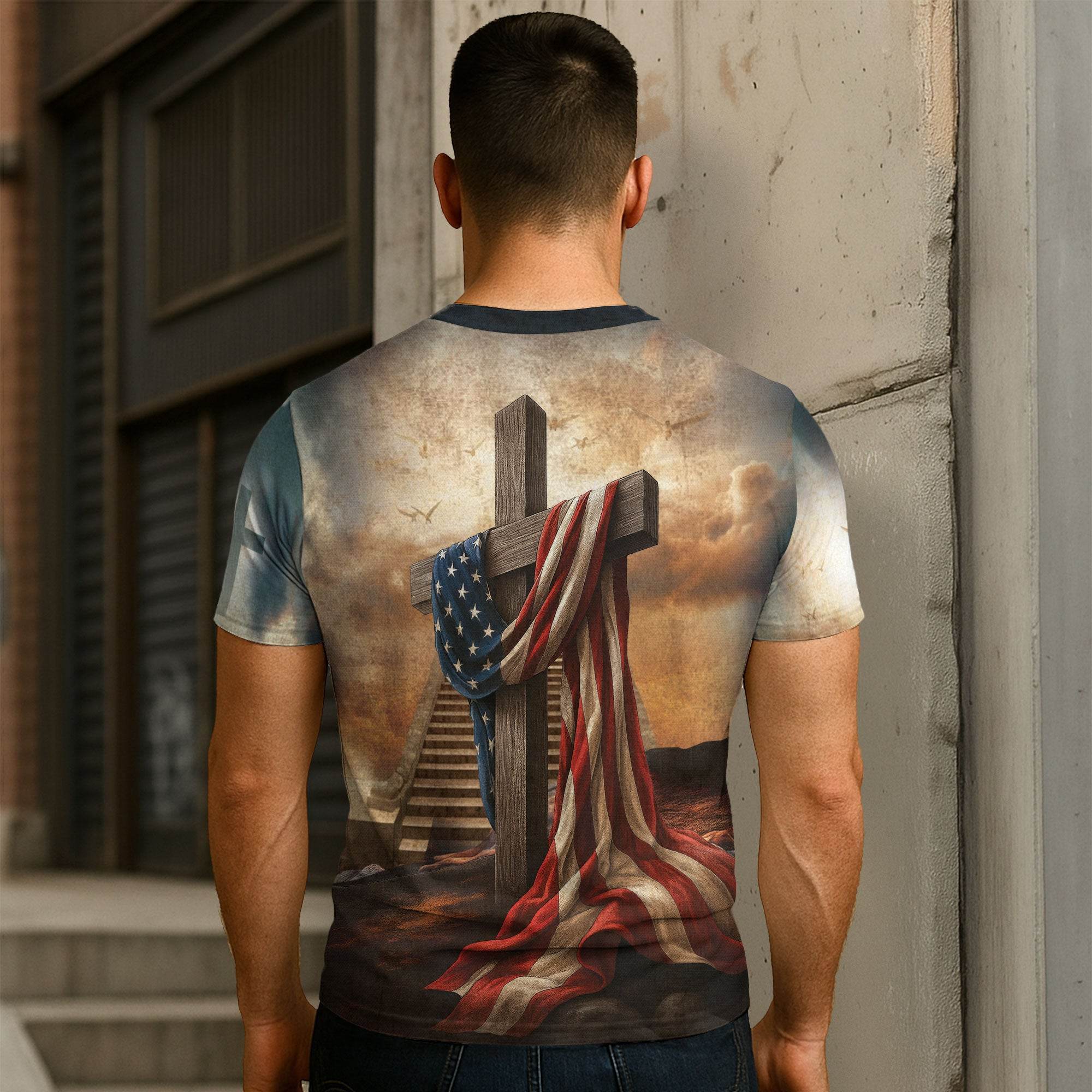 One Nation Under God Lion Cross Heaven Stairs T-Shirt - Rust Field Wear