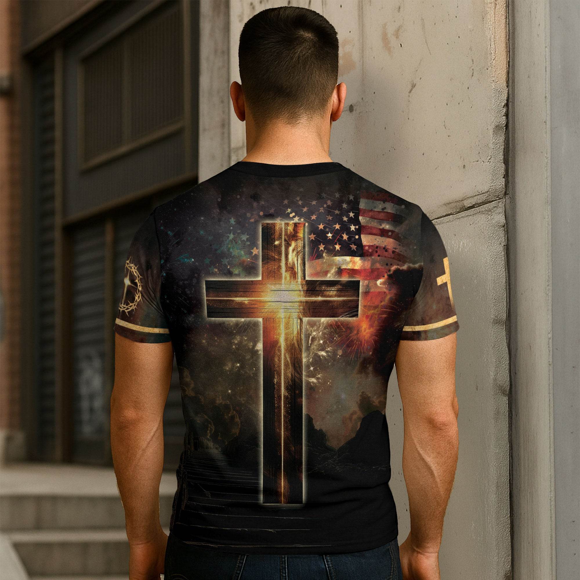 One Nation Under God Lion Cross American Flag T-Shirt - Rust Field Wear