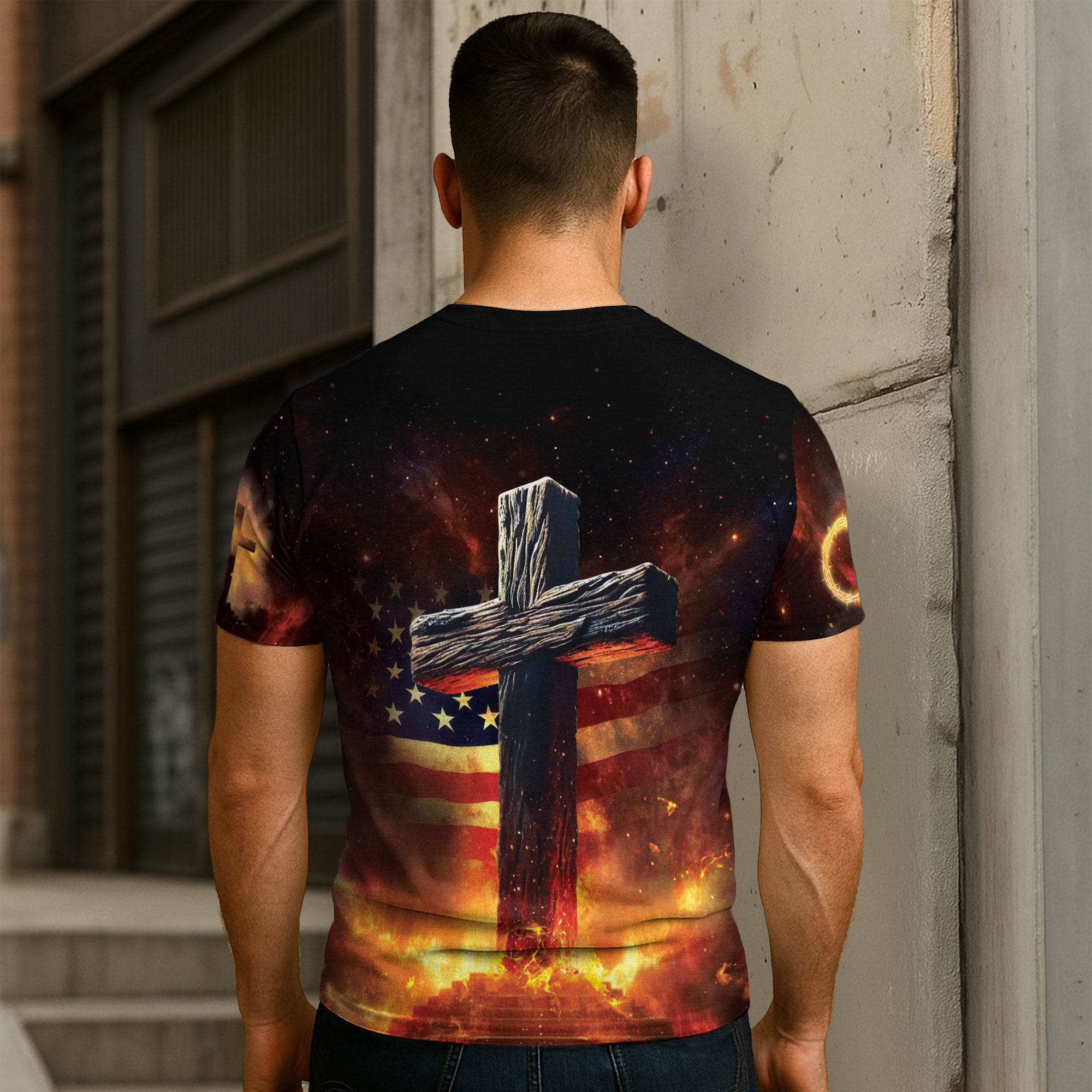 One Nation Under God Fire Cross Lion Christian T-Shirt - Rust Field Wear
