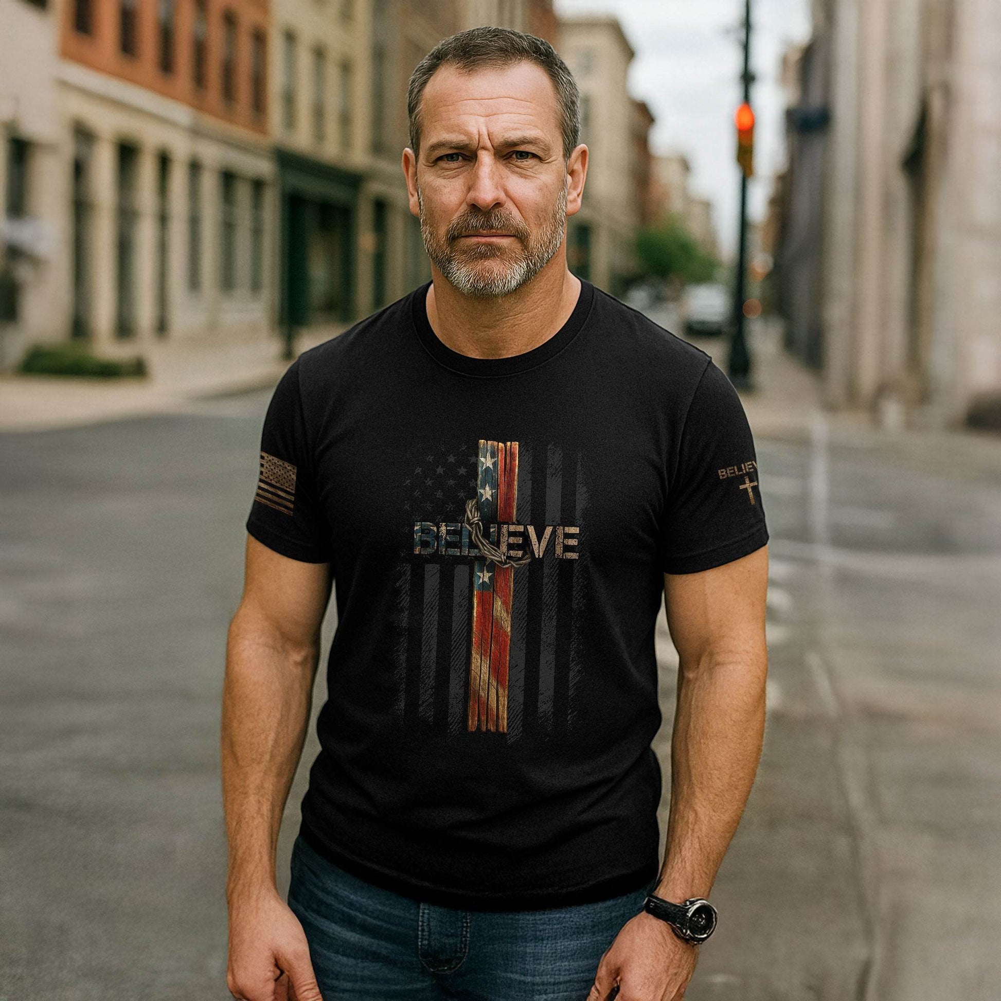 Believe American Flag Cross Christian T-Shirt - Rust Field Wear
