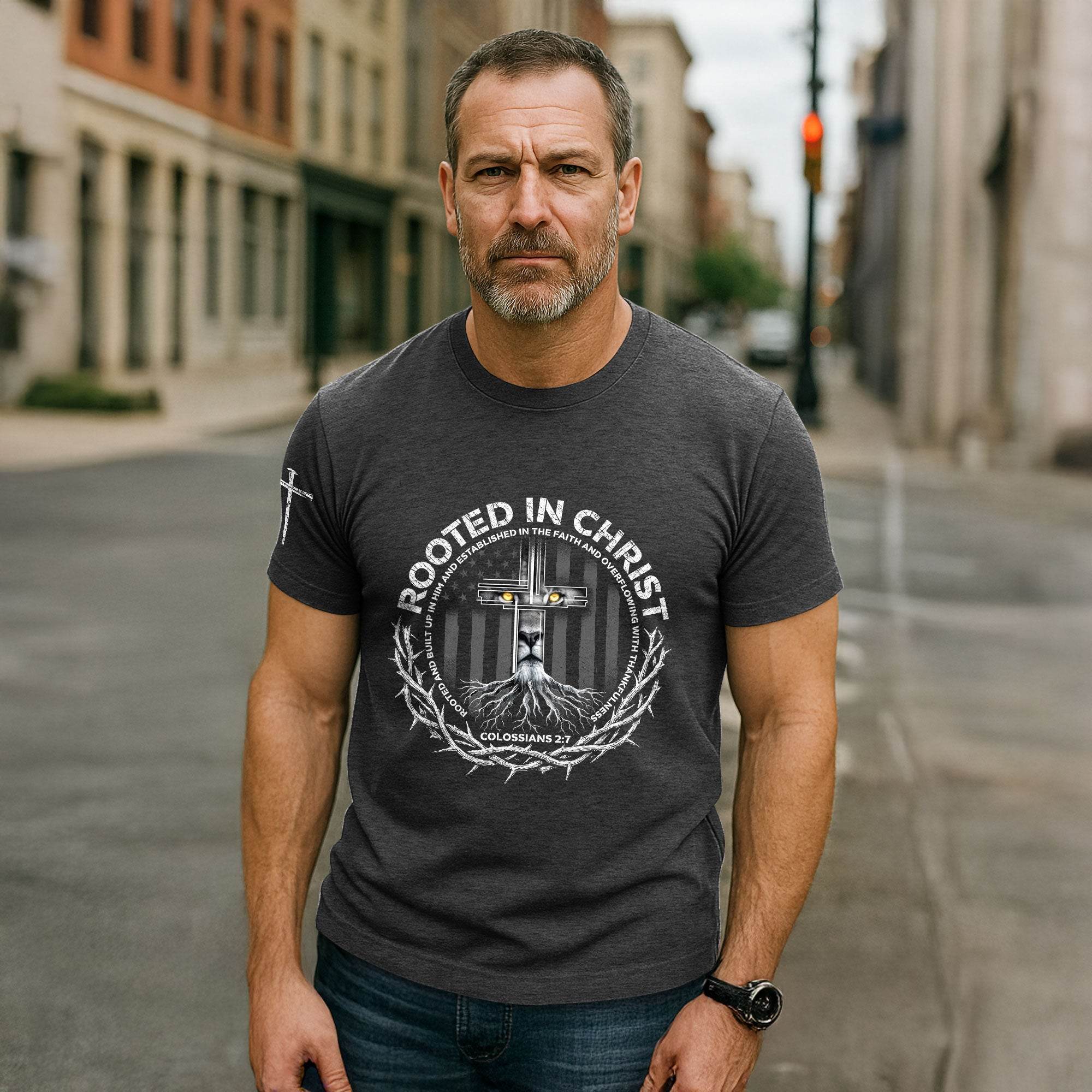 Rooted In Christ Colossians 2:7 Lion Cross T-Shirt - Rust Field Wear