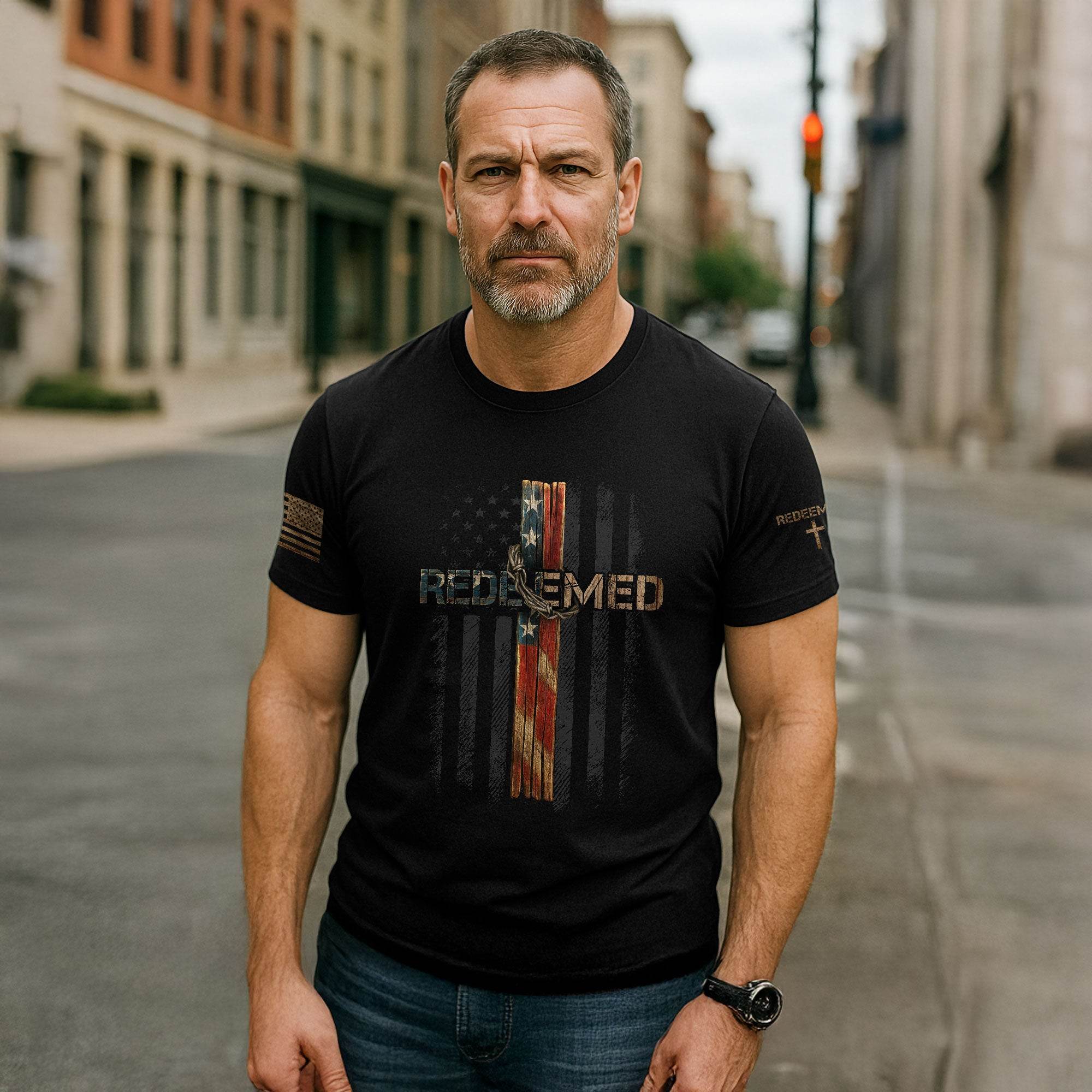 Redeemed American Flag Cross Christian T-Shirt - Rust Field Wear