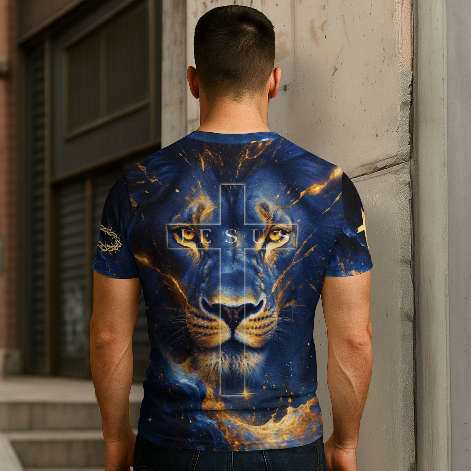 Faith Over Fear Blue Lion & Jesus Ascending Stairs Christian T-Shirt