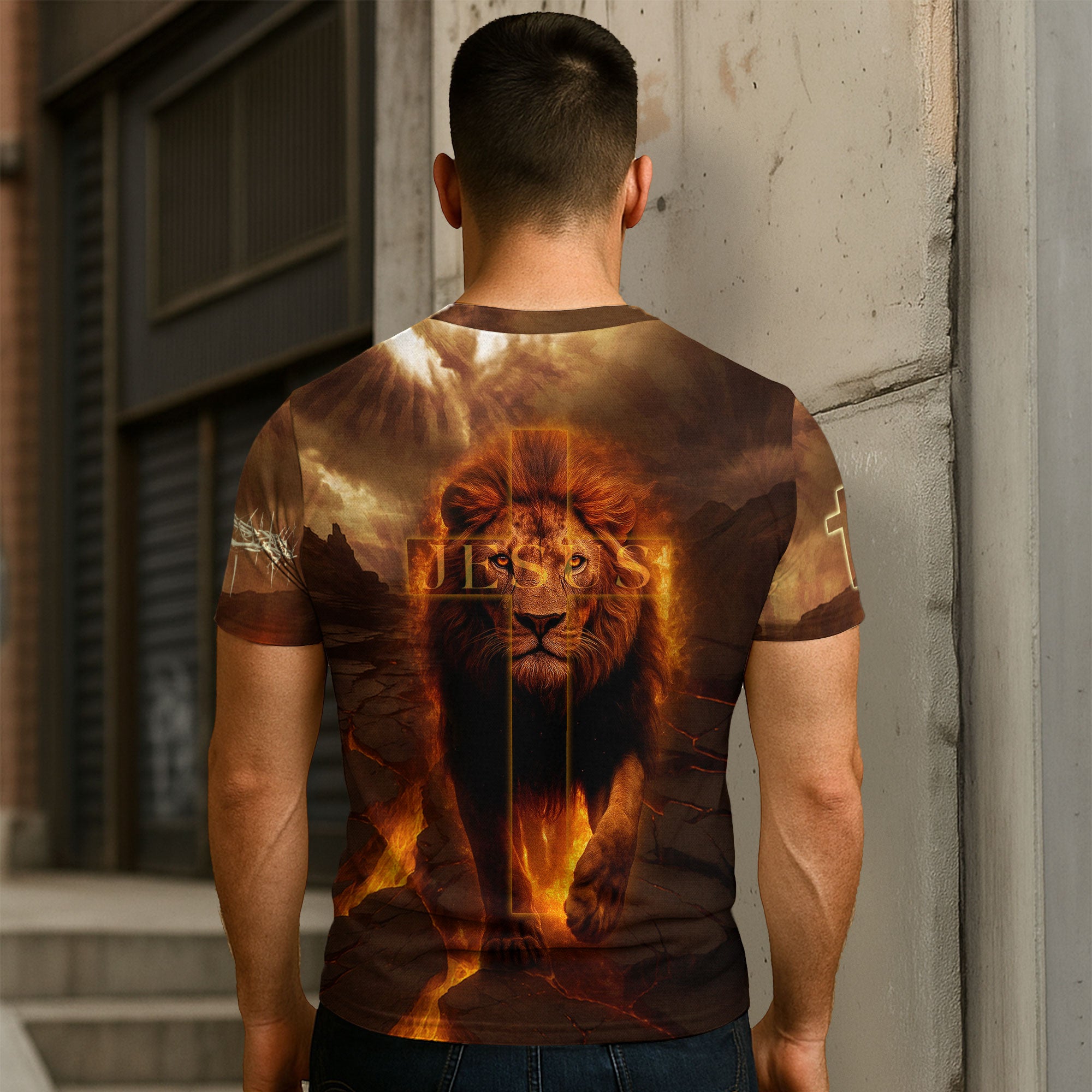 Faith Over Fear Lion & Cross in Flames Christian T-Shirt