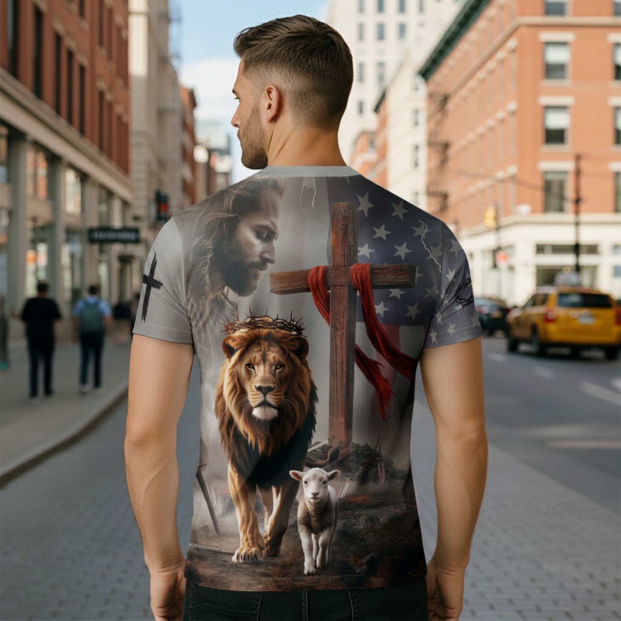 Faith Over Fear American Flag Lion & Cross Christian T-Shirt