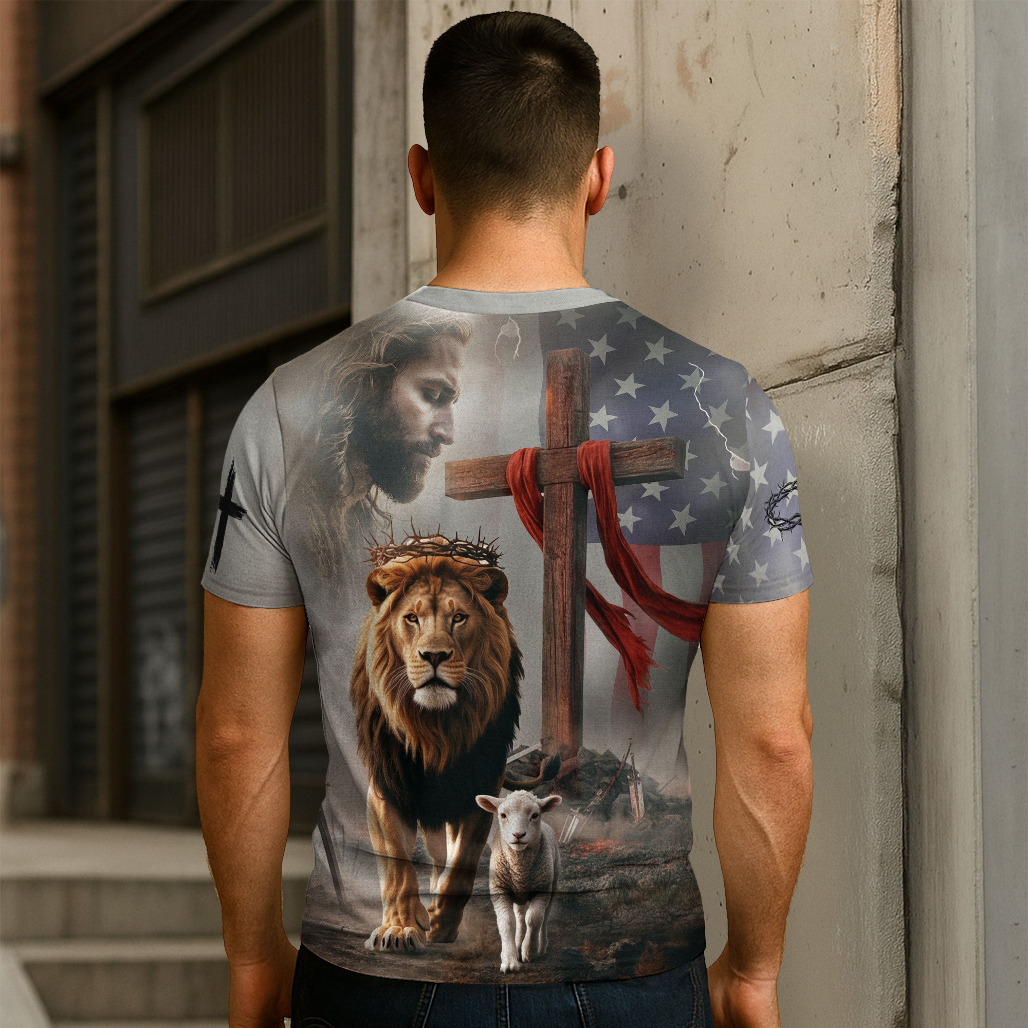 Faith Over Fear American Flag Lion & Cross Christian T-Shirt