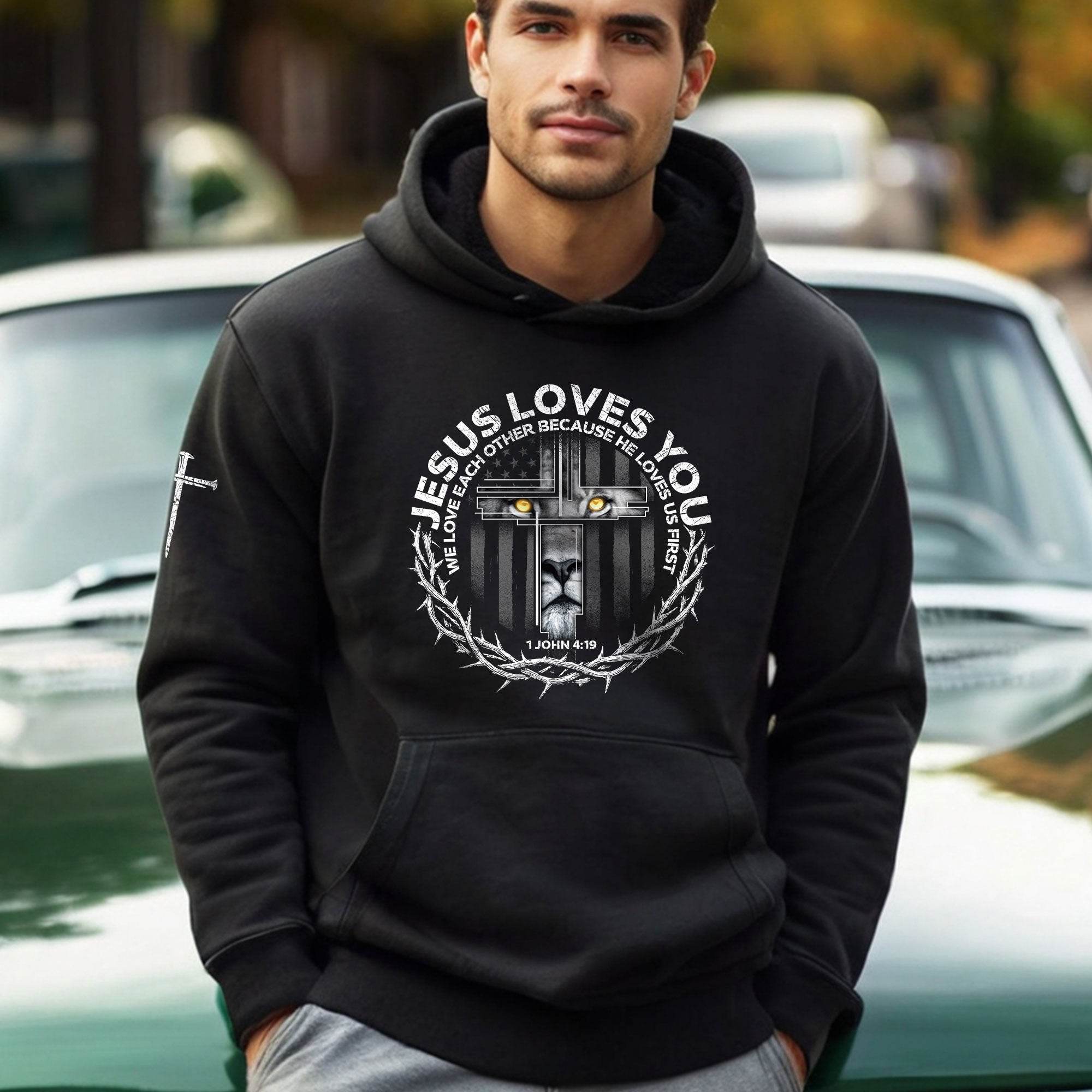 Jesus Loves You Hoodie – Lion Cross 1 John 4:19 Christian Faith Apparel - Rust Field Wear