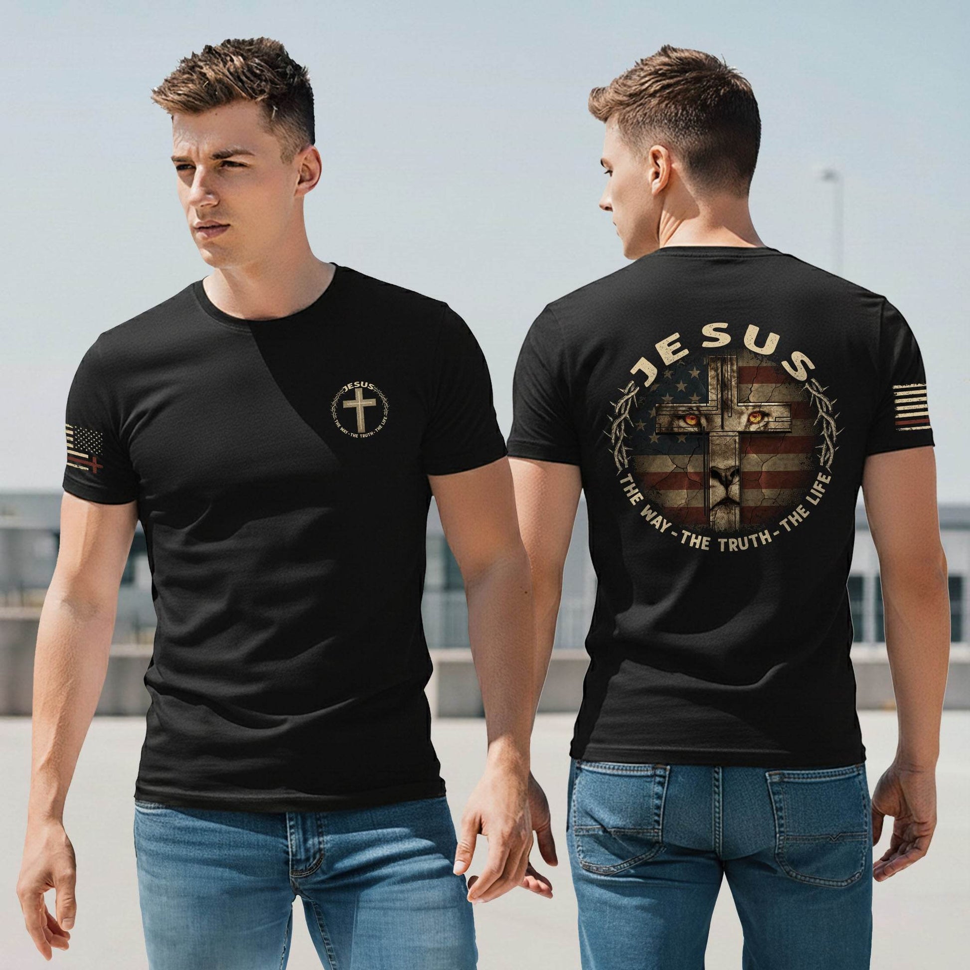 Jesus & American Flag Lion Cross T-Shirt – The Way The Truth The Life - Rust Field Wear