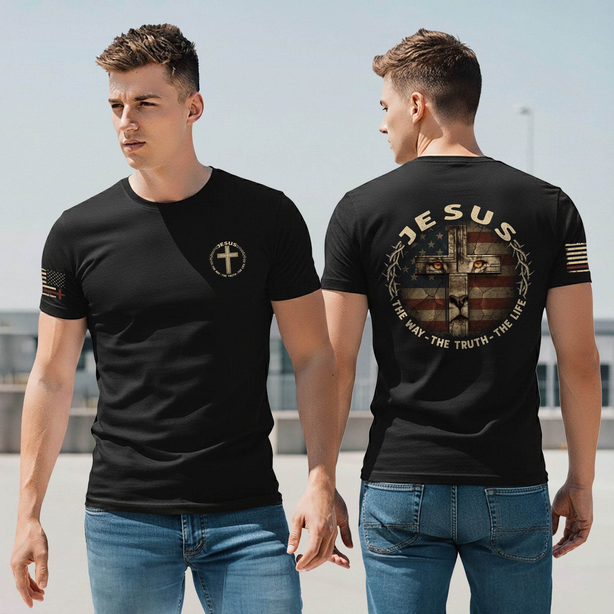 Jesus & American Flag Lion Cross T-Shirt – The Way The Truth The Life - Rust Field Wear