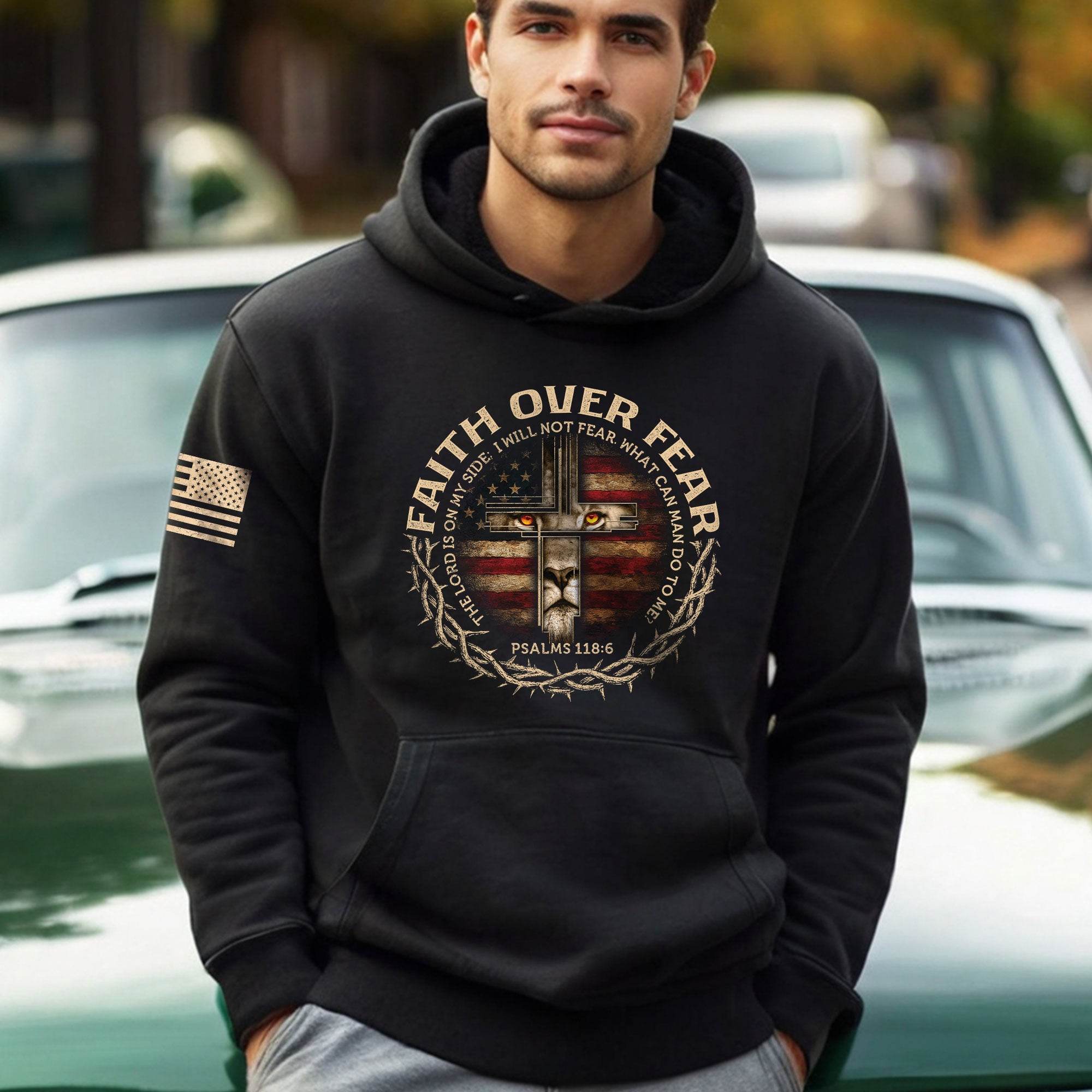Faith Over Fear Lion Cross American Flag Hoodie - Rust Field Wear
