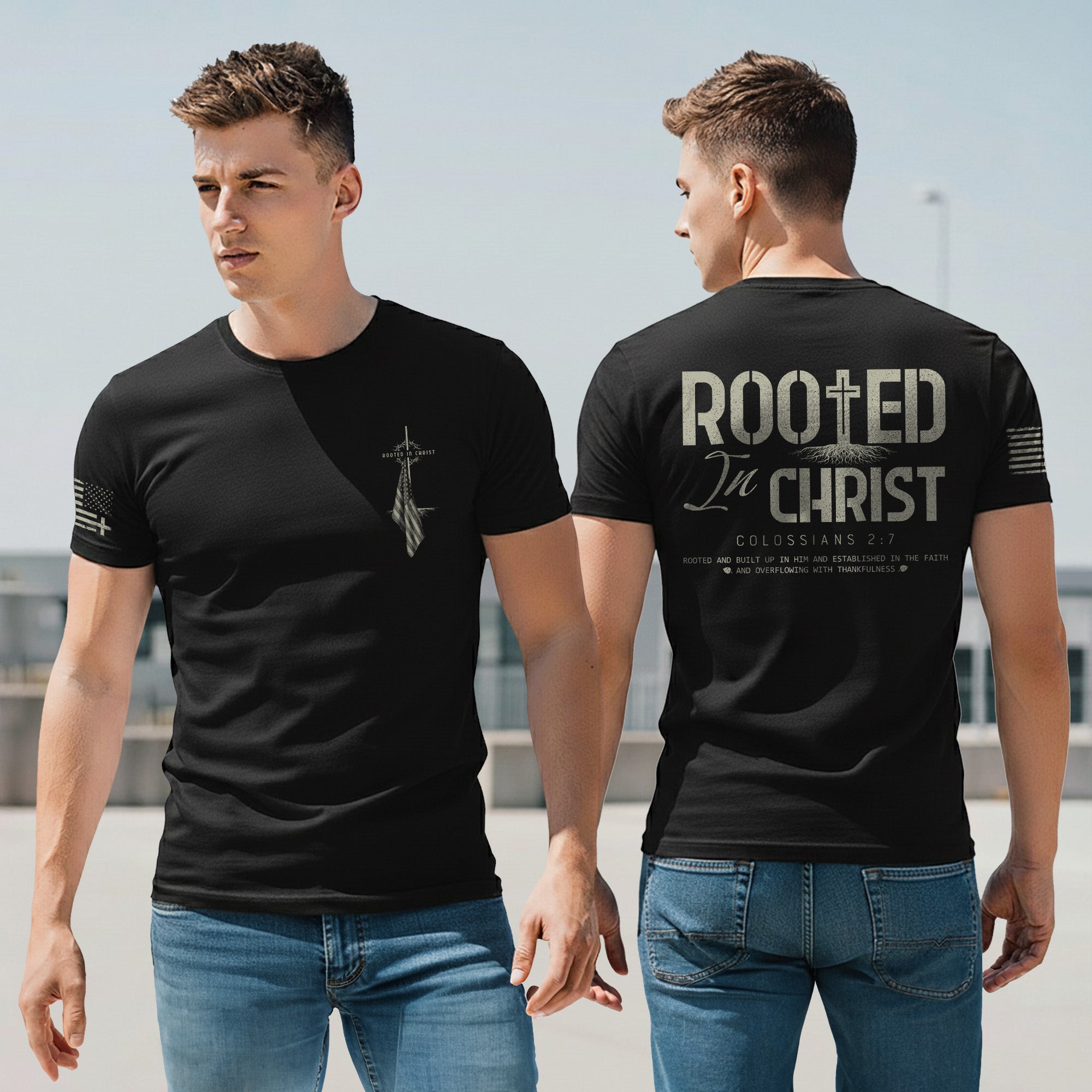 Rooted In Christ Colossians 2 7 Christian T Shirt With Cross And Roots