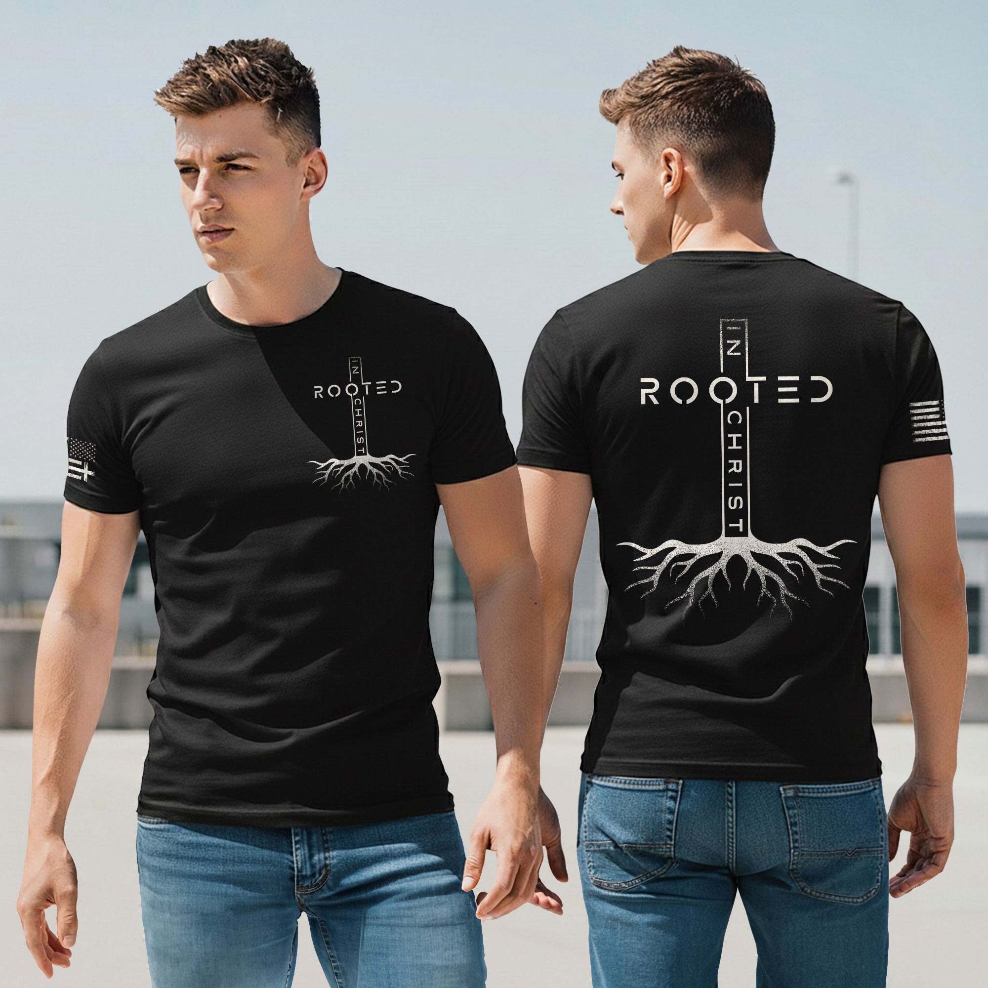 Rooted In Christ Vertical Cross Roots Back Print Christian T-Shirt