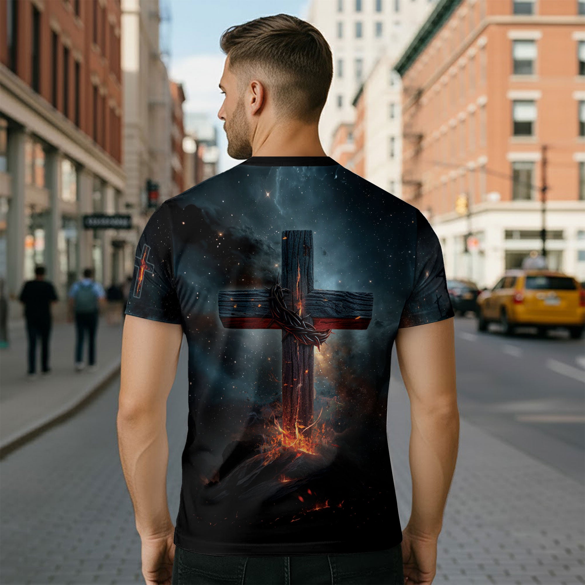 Faith Over Fear Christian T-Shirt Lion Cross Fire Galaxy Design