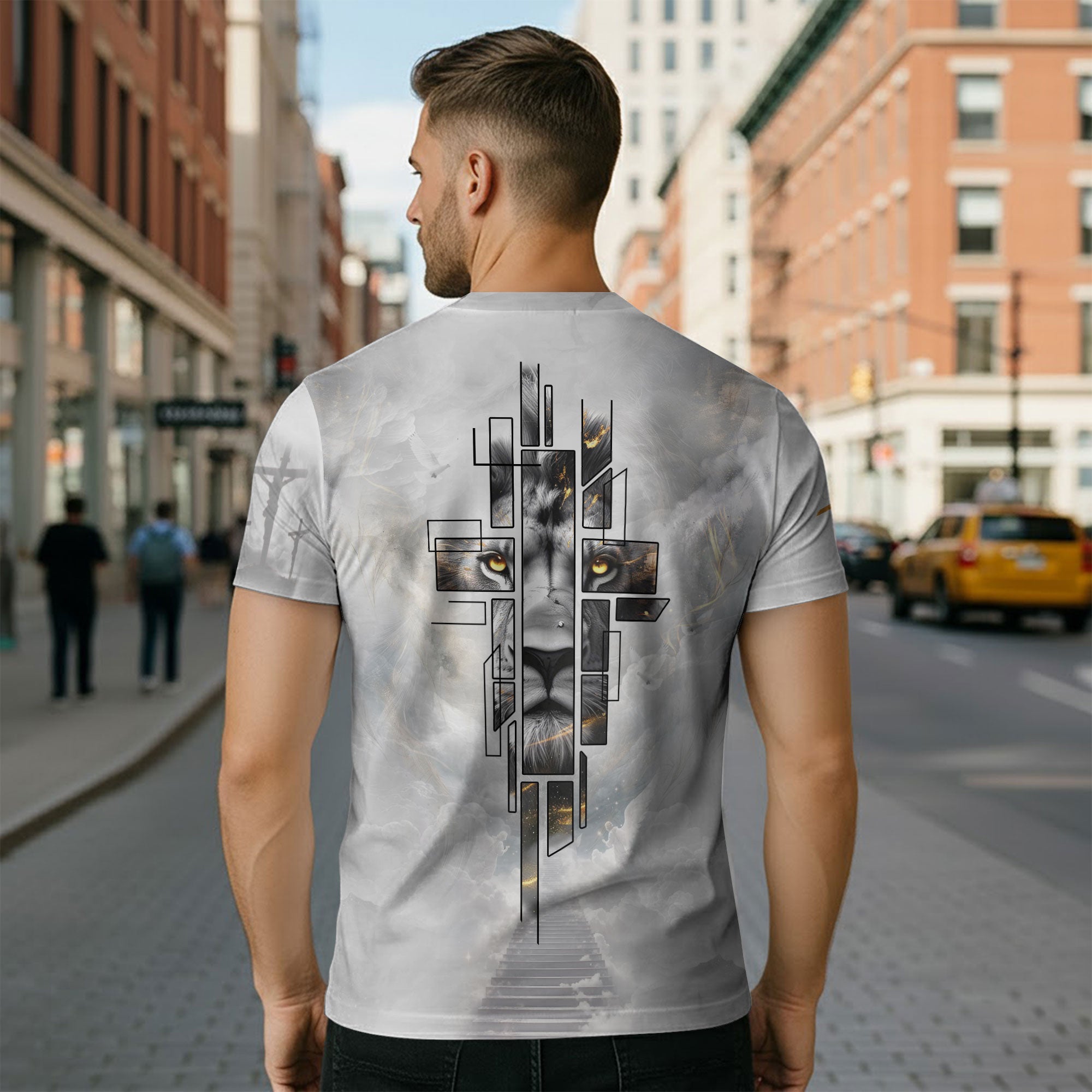 Faith Over Fear Christian T-Shirt Lion Cross White Heaven Design