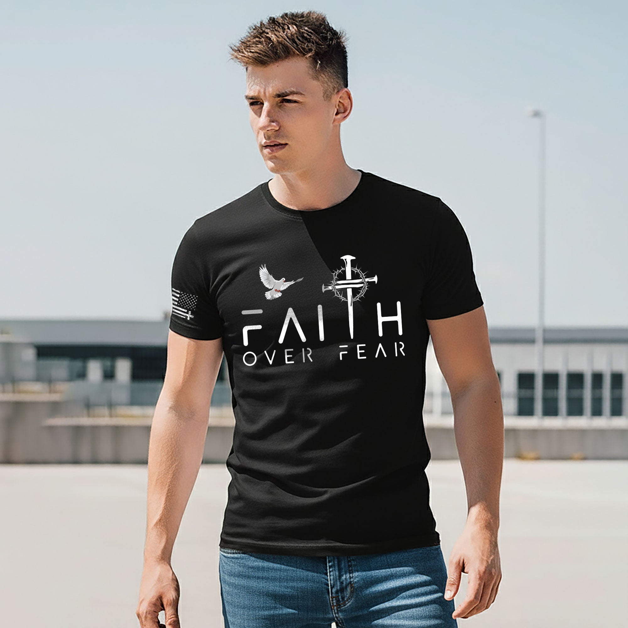 Faith Over Fear Dove and Nail Cross Christian T-Shirt