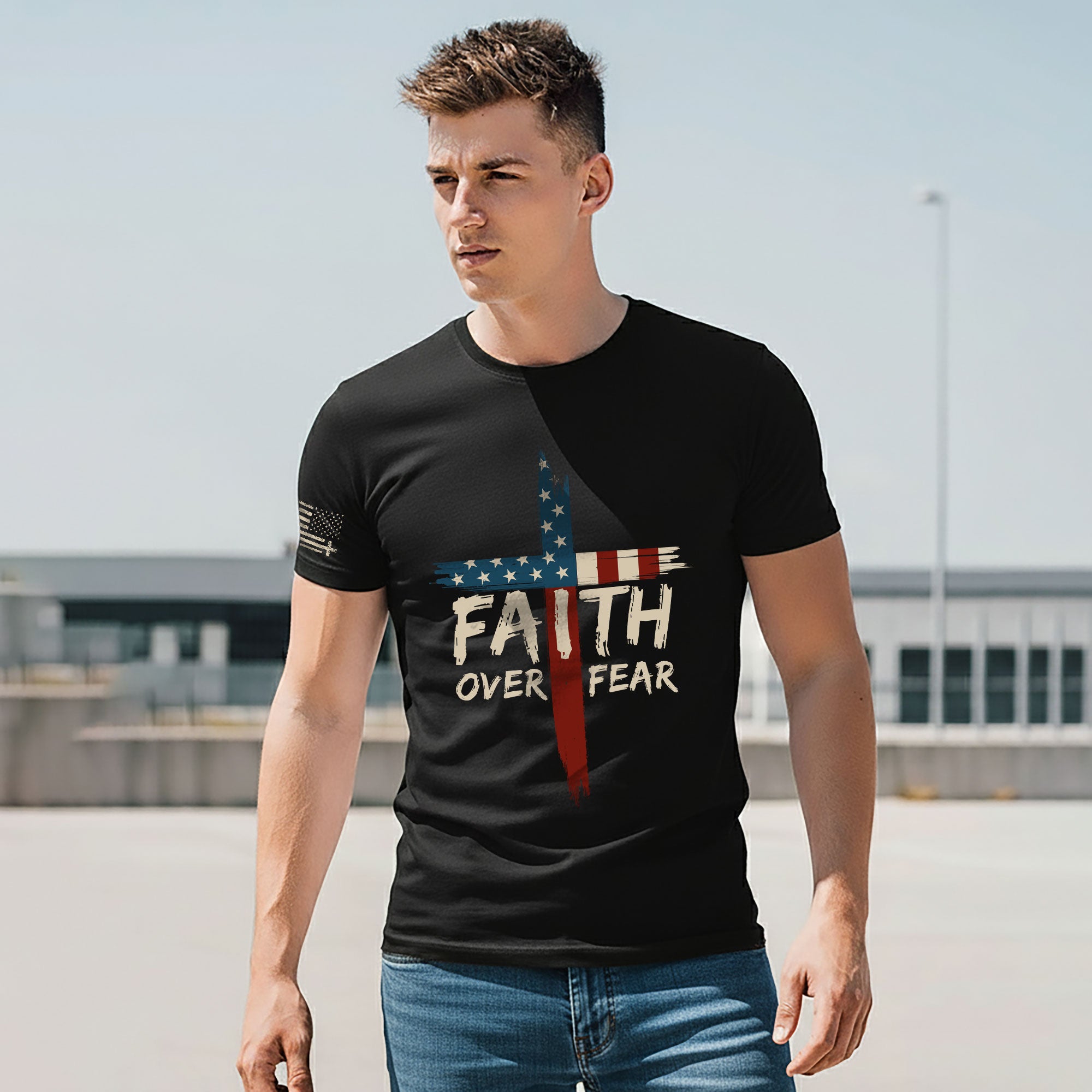 Faith Over Fear USA Flag Cross Christian T-Shirt