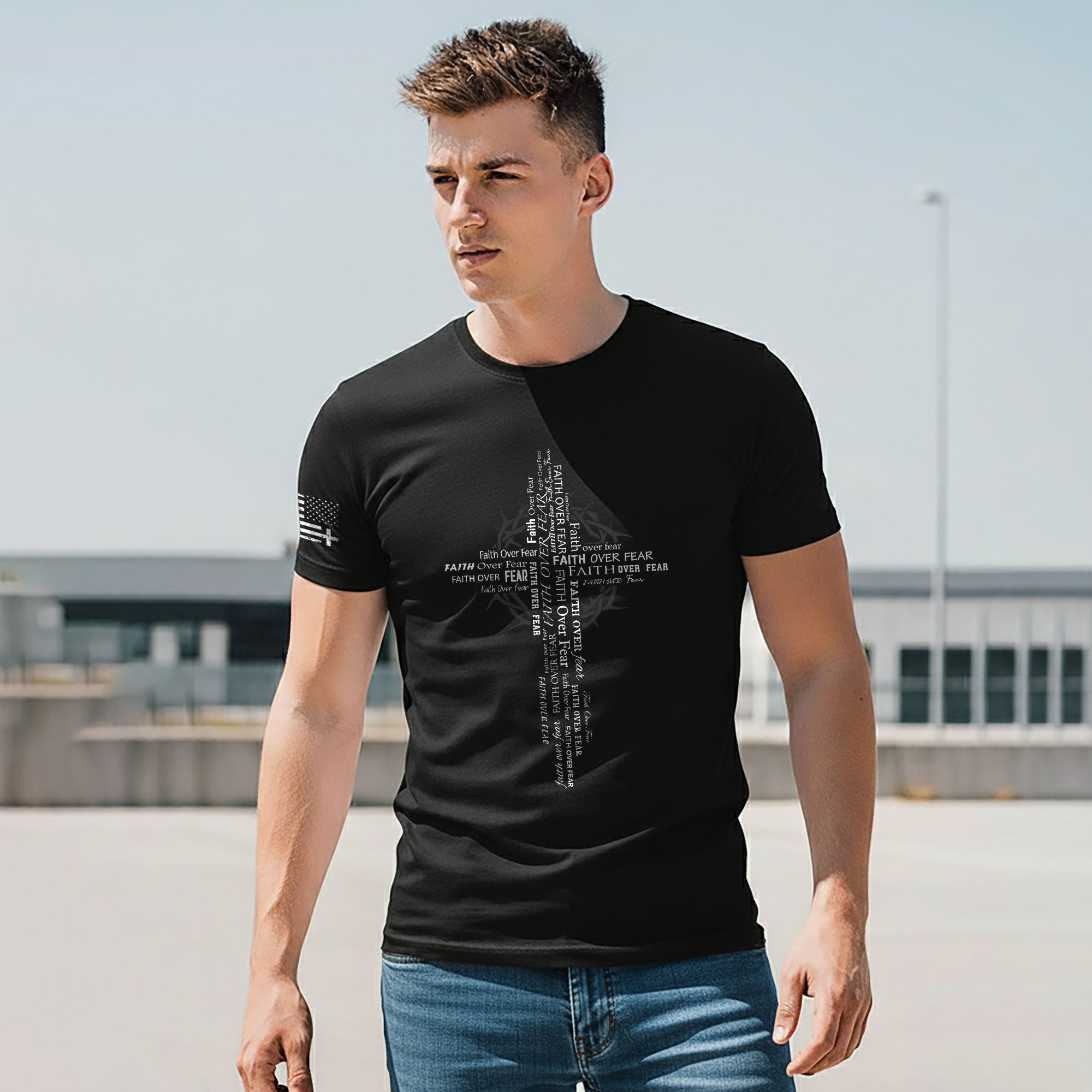 Faith Over Fear Typography Cross Christian T-Shirt
