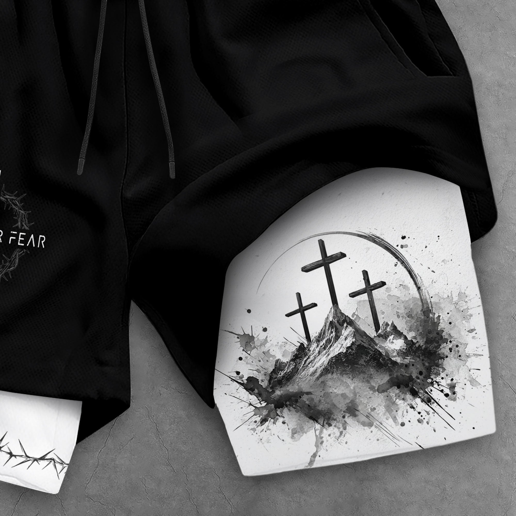 Faith Over Fear Christian Gym Shorts for Men Psalms 27:1 Cross Design