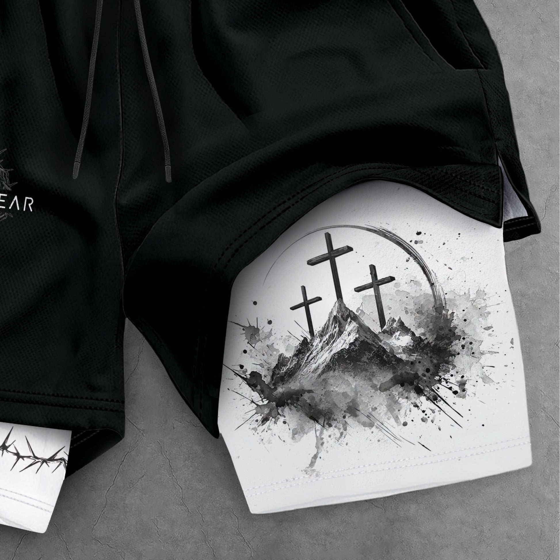 Faith Over Fear Christian Gym Shorts for Men Psalms 27:1 Cross Design - Rust Field Wear