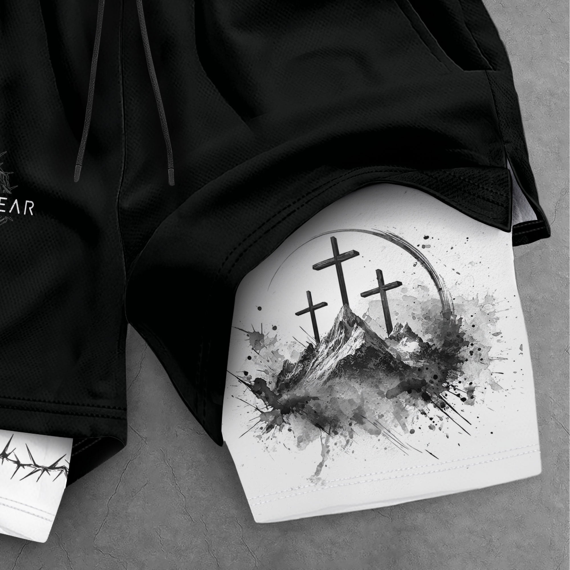 Faith Over Fear Christian Gym Shorts for Men Psalms 27:1 Cross Design - Rust Field Wear