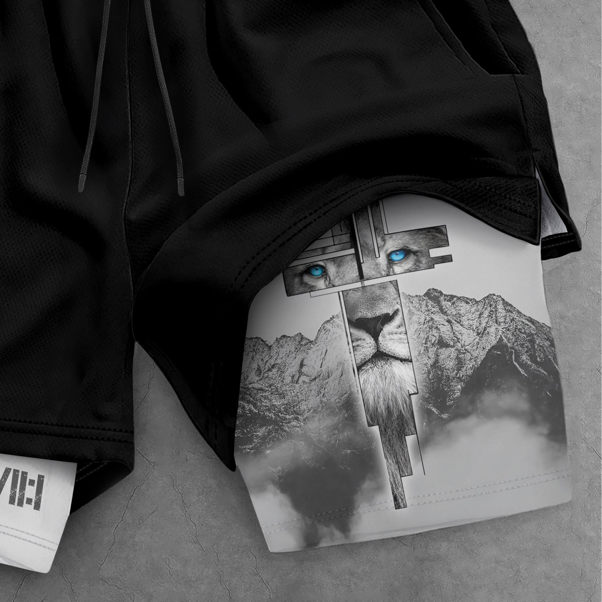 Faith Over Fear Christian Gym Shorts for Men Lion Cross Design - Rust Field Wear