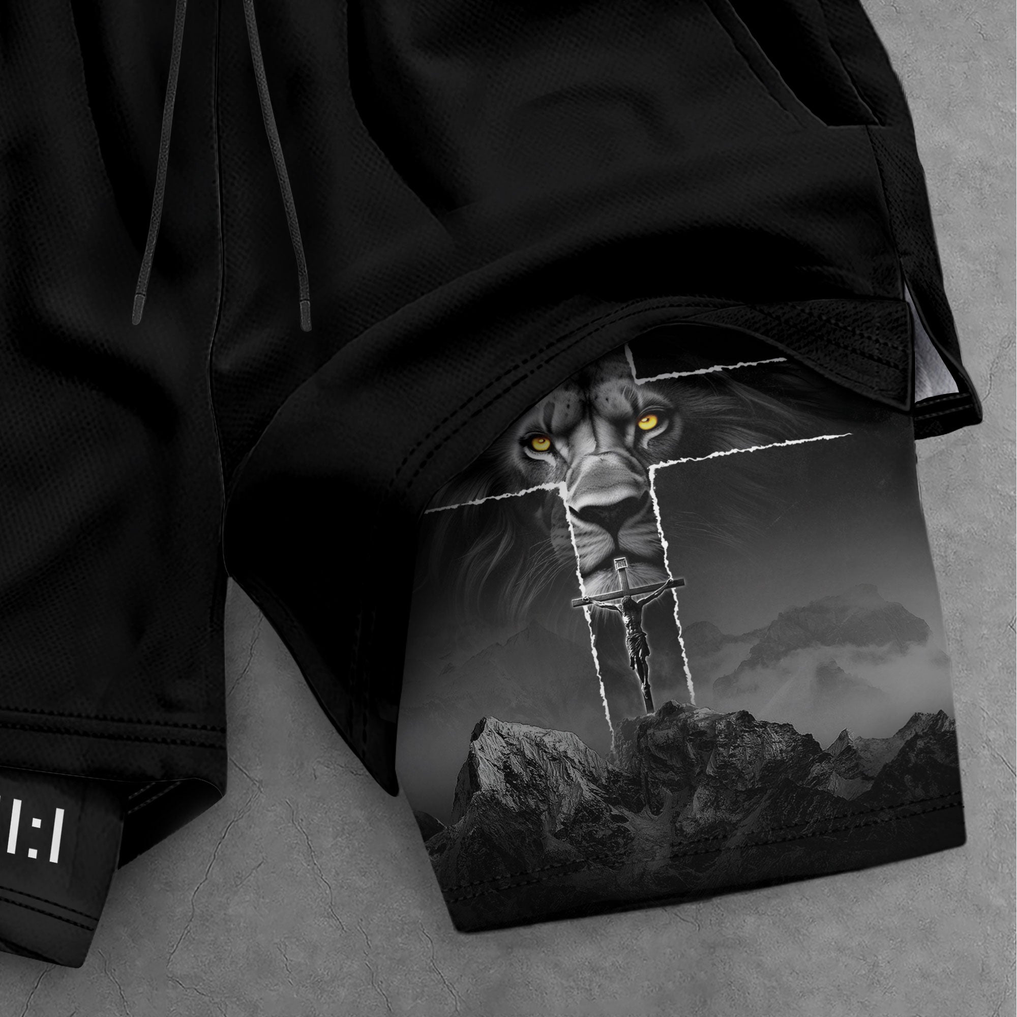 Faith Over Fear Christian Gym Shorts for Men Lion Cross Psalms 27:1 - Rust Field Wear