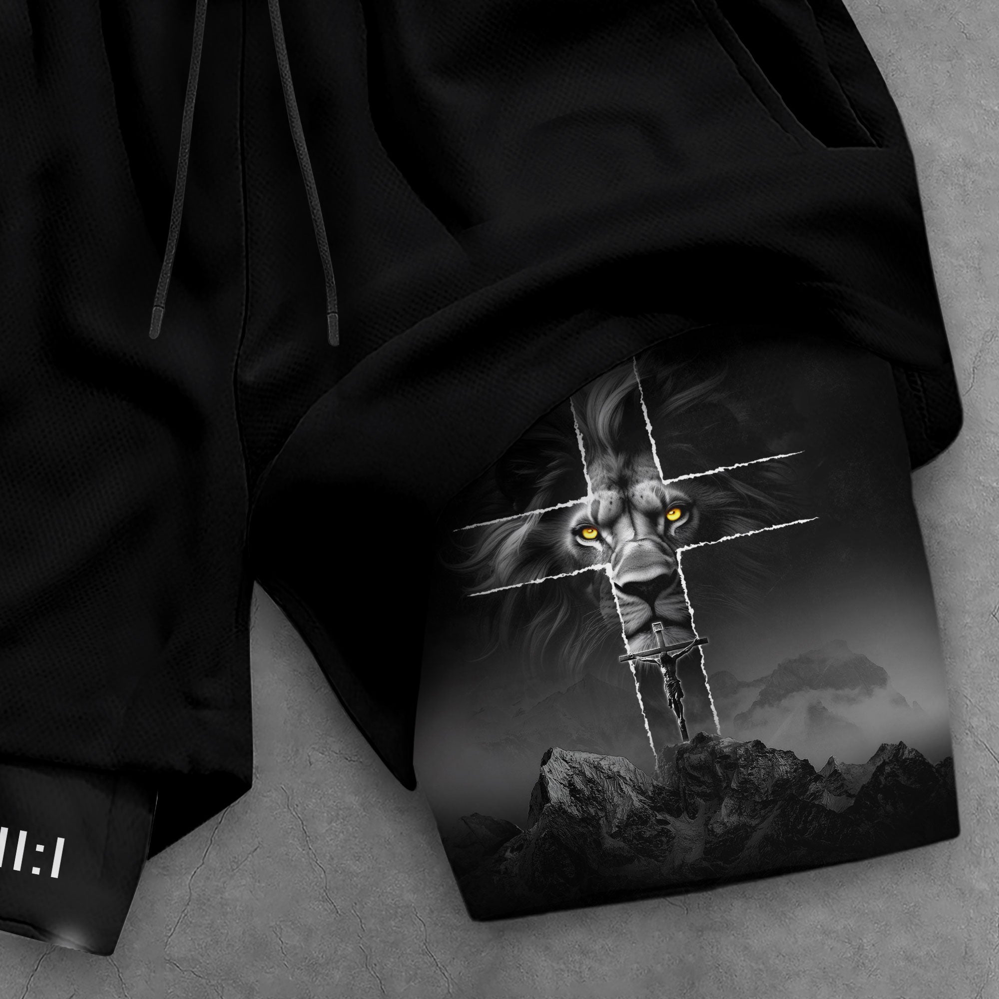 Faith Over Fear Christian Gym Shorts for Men Lion Cross Psalms 27:1