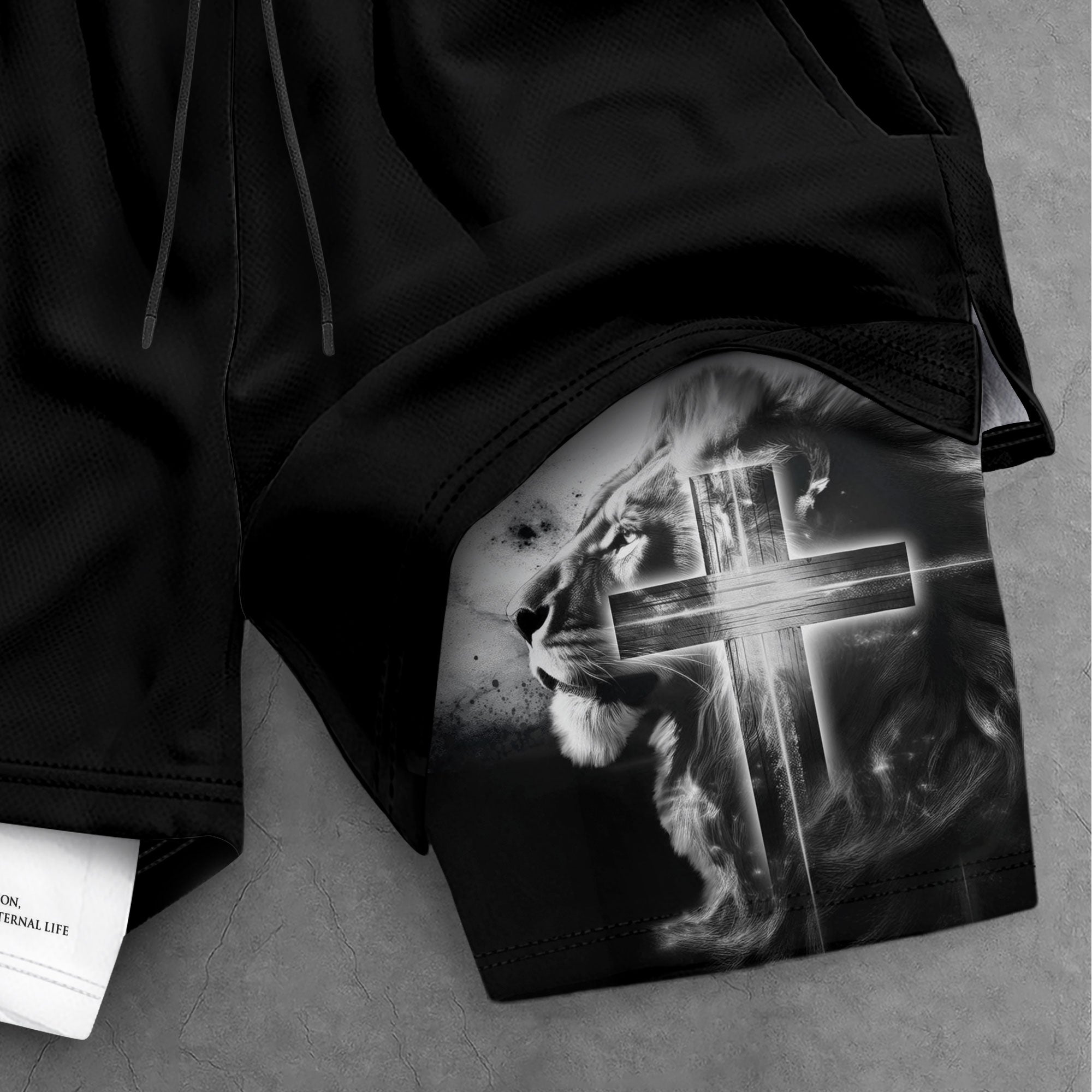 John 3:16 Christian Gym Shorts for Men Lion Cross Faith Design - Rust Field Wear
