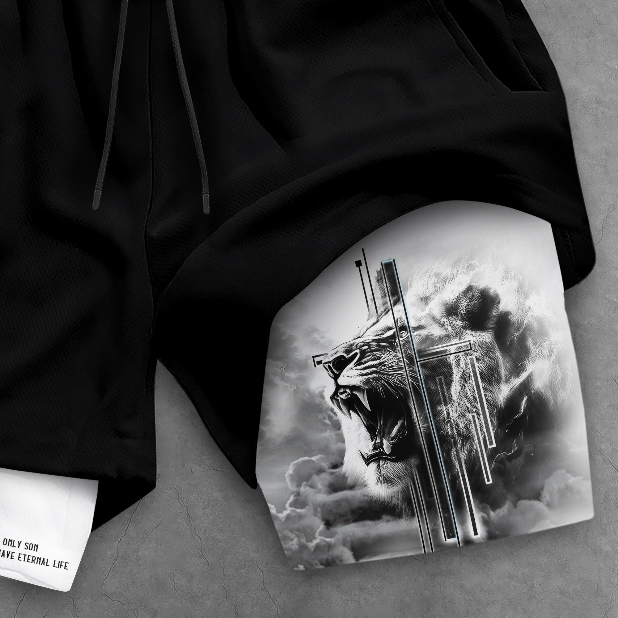 John 3 16 Christian Gym Shorts for Men Lion Cross Bible Verse
